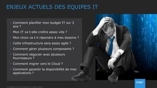 4© Copyright 2014 EMC Corporation. All rights reserved.© Copyright 2014 EMC Corporation. All rights reserved.
ENJEUX ACTUELS DES EQUIPES IT
• Comment planifier mon budget IT sur 3
ans ?
• Mon IT va t-elle croître assez vite ?
• Mon choix va t-il répondre à mes besoins ?
• Cette infrastructure sera assez agile ?
• Comment gérer plusieurs composants ?
• Comment négocier avec plusieurs
fournisseurs ?
• Comment migrer vers le Cloud ?
• Comment garantir la disponibilité de mes
applications ?
 