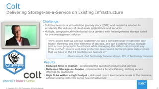 25© Copyright 2014 EMC Corporation. All rights reserved.© Copyright 2014 EMC Corporation. All rights reserved.
Results
• Reduced time to market – accelerated the launch of products and services
• Delivered Storage-as-Service - implemented a Service Catalog, defining service
offerings for customers
• High SLAs within a tight budget – delivered record level service levels to the business,
without sinking costs into buying new infrastructure
Challenge
• Colt has been on a virtualization journey since 2007, and needed a solution to
accelerate the delivery of cloud-scale applications and services
• Multiple, geographically-distributed data centers with heterogeneous storage called
for one management solution
Colt
Delivering Storage-as-a-Service on Existing Infrastructure
“ViPR allows both us and our customers to put a software layer in between both
legacy elements and new elements of storage…We can a extend virtual storage
pool across geographic boundaries while managing the data in an integral way.
[This method] meets local data protection laws based on the physical data centers
that we have in the 13 countries we operate in”
-Mark Leonard, Colt Technology Services Group, EVP of Technology Services
 