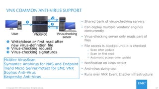 127© Copyright 2015 EMC Corporation. All rights reserved.
 Virus-checking request
•
VNX COMMON ANTI-VIRUS SUPPORT
• Shared bank of virus-checking servers
• Can deploy multiple vendors’ engines
concurrently
• Virus-checking server only reads part of
files
• File access is blocked until it is checked
– Scan after update
– Scan on first read
– Automatic access-time update
• Notification on virus detect
• Anti-virus sizing tool
• Runs over VNX Event Enabler infrastructure
McAfee VirusScan
Symantec AntiVirus for NAS and Endpoint
Trend Micro ServerProtect for EMC VNX
Sophos Anti-Virus
Kaspersky Anti-Virus
Virus-checking
server
User
 Write/close or first read after
new virus-definition file
VNX5400
 Virus-checking signatures



 