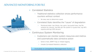 148© Copyright 2015 EMC Corporation. All rights reserved.
ADVANCED MONITORING FOR FILE
 Correlated Statistics
– Traditional statistics collection shows performance
counters without context
▪ No easy way to determine cause
– Correlated Stats identifies the “cause” of degradation
▪ Monitored stats: top clients, top users, top quota trees, top file
systems by volume, top files per file system or quota tree, top NFS
exports and top CIFS servers
 Continuous System Monitoring
– Customers can monitor system resources and metrics
and automatically take corrective action
▪ Send e-mail, SNMP Trap or initiate logging
▪ Initiate Correlated Statistics collection
Included in Unisphere Management Suite
 