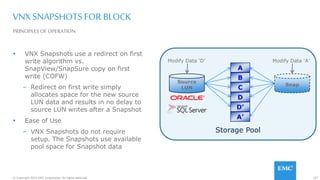 157© Copyright 2015 EMC Corporation. All rights reserved.
PRINCIPLES OF OPERATION
VNX SNAPSHOTS FOR BLOCK
 VNX Snapshots use a redirect on first
write algorithm vs.
SnapView/SnapSure copy on first
write (COFW)
– Redirect on first write simply
allocates space for the new source
LUN data and results in no delay to
source LUN writes after a Snapshot
 Ease of Use
– VNX Snapshots do not require
setup. The Snapshots use available
pool space for Snapshot data
Storage Pool
A
B
Snap
Source
LUN C
D
D’
A’
Modify Data ‘D’ Modify Data ‘A’
 