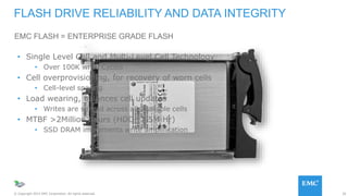 30© Copyright 2015 EMC Corporation. All rights reserved.
EMC FLASH = ENTERPRISE GRADE FLASH
FLASH DRIVE RELIABILITY AND DATA INTEGRITY
H A R D W A R E
• Single Level Cell and Multi-Level Cell Technology
• Over 100K write Cycles
• Cell overprovisioning, for recovery of worn cells
• Cell-level sparing
• Load wearing, balances cell updates
• Writes are spread across all available cells
• MTBF >2Million hours (HDD~1.5M Hr)
• SSD DRAM implements write amplification
 