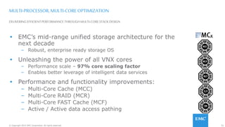 52© Copyright 2015 EMC Corporation. All rights reserved.
DELIVERING EFFICIENTPERFORMANCETHROUGHMULTI-CORESTACKDESIGN
MULTI-PROCESSOR,MULTI-COREOPTIMIZATION
 EMC’s mid-range unified storage architecture for the
next decade
– Robust, enterprise ready storage OS
 Unleashing the power of all VNX cores
– Performance scale – 97% core scaling factor
– Enables better leverage of intelligent data services
 Performance and functionality improvements:
– Multi-Core Cache (MCC)
– Multi-Core RAID (MCR)
– Multi-Core FAST Cache (MCF)
– Active / Active data access pathing
 