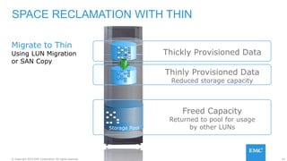 61© Copyright 2015 EMC Corporation. All rights reserved.
Thickly Provisioned Data
Freed Capacity
Returned to pool for usage
by other LUNs
Thinly Provisioned Data
Reduced storage capacity
Migrate to Thin
Using LUN Migration
or SAN Copy
SPACE RECLAMATION WITH THIN
Storage Pool
 