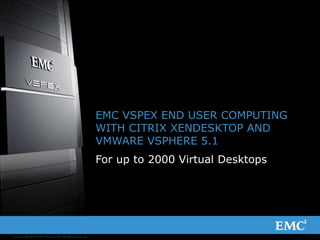 1© Copyright 2013 EMC Corporation. All rights reserved.
EMC VSPEX END USER COMPUTING
WITH CITRIX XENDESKTOP AND
VMWARE VSPHERE 5.1
For up to 2000 Virtual Desktops
 