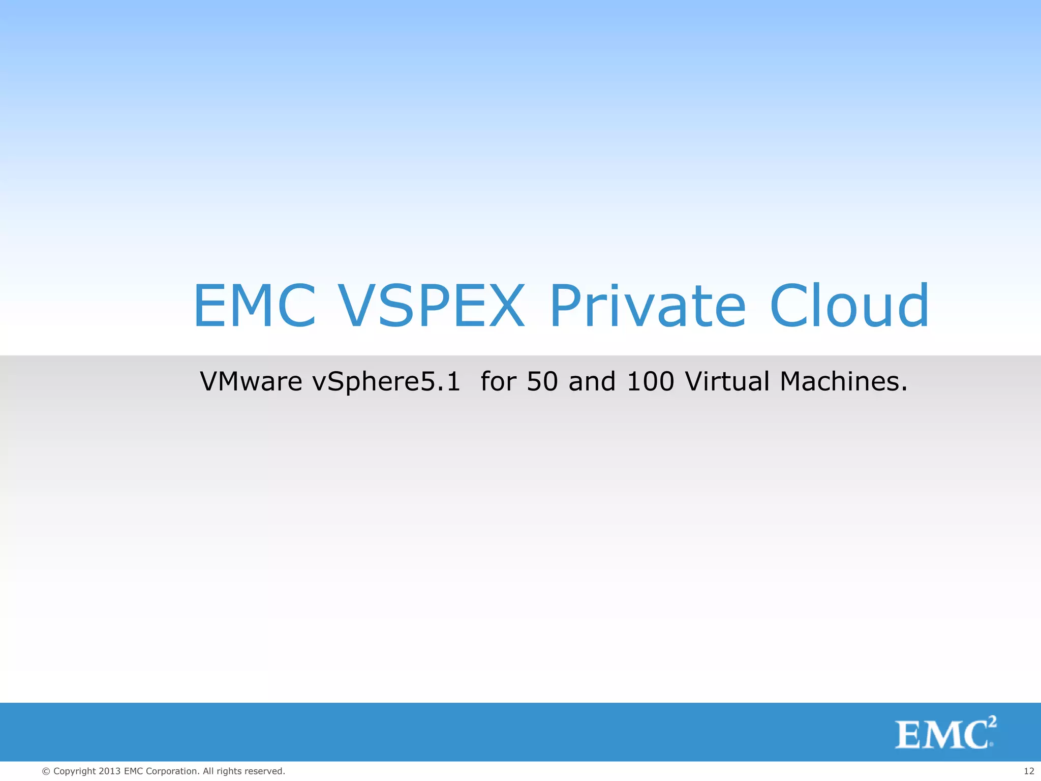 12© Copyright 2013 EMC Corporation. All rights reserved.
EMC VSPEX Private Cloud
VMware vSphere5.1 for 50 and 100 Virtual Machines.
 