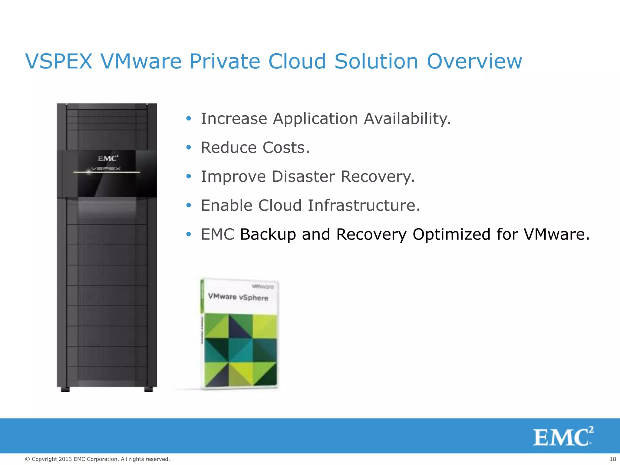 18© Copyright 2013 EMC Corporation. All rights reserved.
VSPEX VMware Private Cloud Solution Overview
 Increase Application Availability.
 Reduce Costs.
 Improve Disaster Recovery.
 Enable Cloud Infrastructure.
 EMC Backup and Recovery Optimized for VMware.
 
