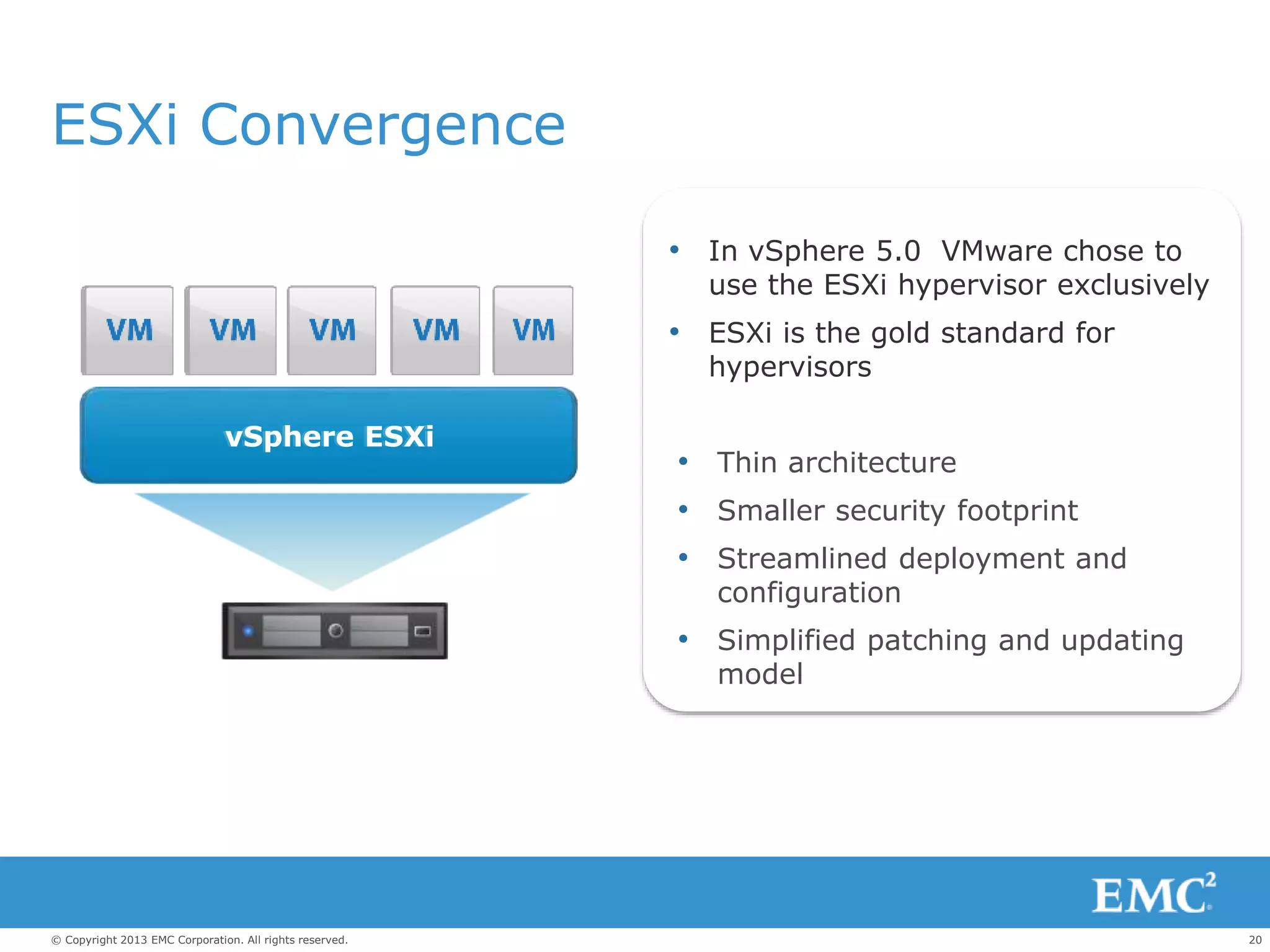 20© Copyright 2013 EMC Corporation. All rights reserved.
ESXi Convergence
Most Trusted
vSphere ESXivSphere ESXi
• In vSphere 5.0 VMware chose to
use the ESXi hypervisor exclusively
• ESXi is the gold standard for
hypervisors
• Thin architecture
• Smaller security footprint
• Streamlined deployment and
configuration
• Simplified patching and updating
model
 
