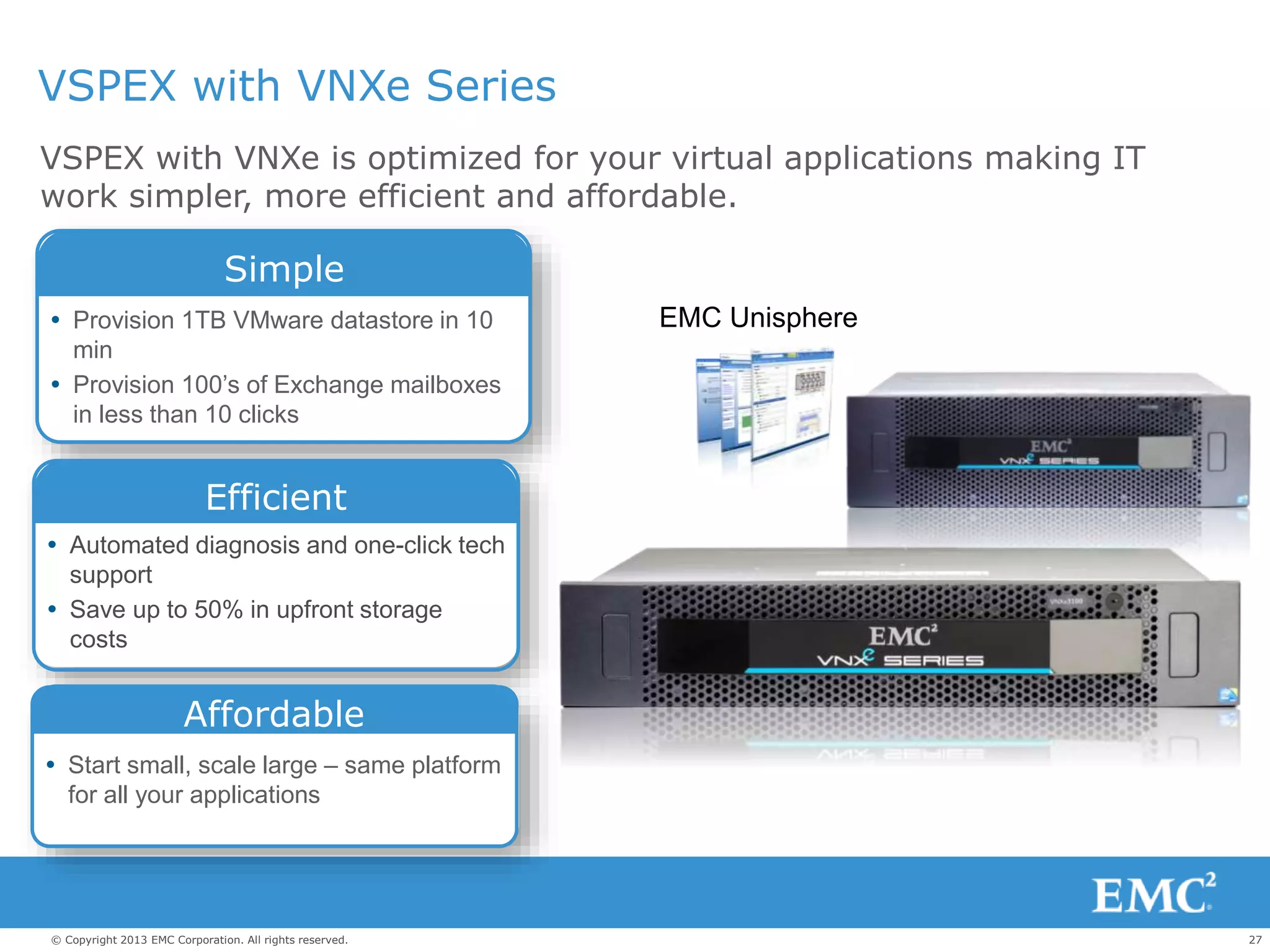 27© Copyright 2013 EMC Corporation. All rights reserved.
VSPEX with VNXe Series
VSPEX with VNXe is optimized for your virtual applications making IT
work simpler, more efficient and affordable.
 Provision 1TB VMware datastore in 10
min
 Provision 100’s of Exchange mailboxes
in less than 10 clicks
Simple
 Automated diagnosis and one-click tech
support
 Save up to 50% in upfront storage
costs
Efficient
 Start small, scale large – same platform
for all your applications
Affordable
EMC Unisphere
 