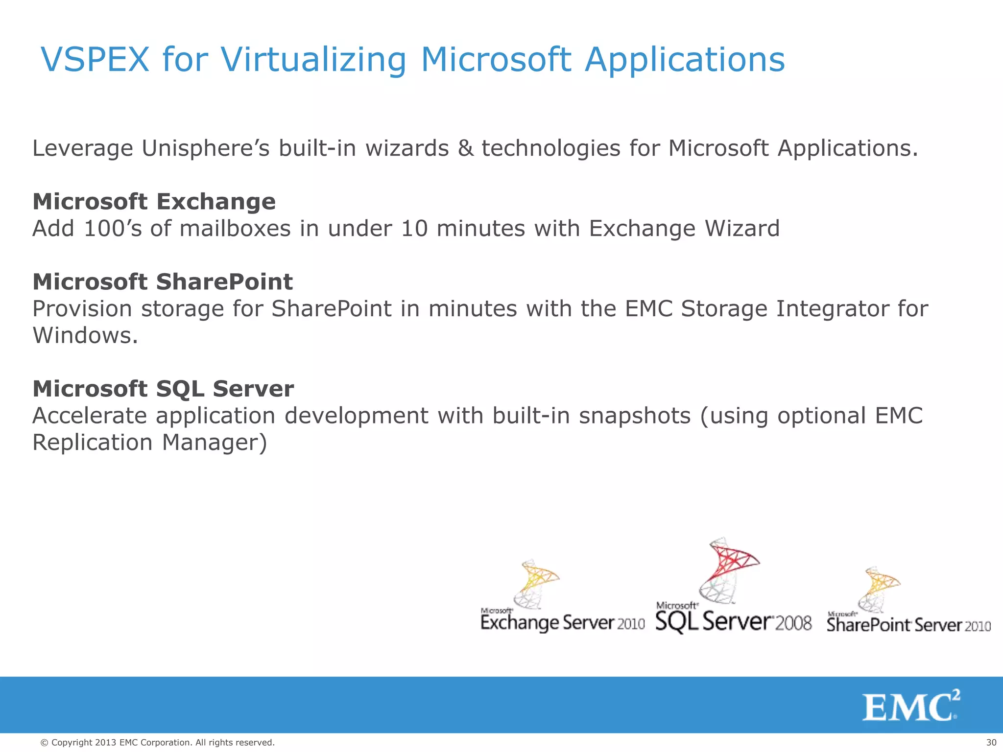 30© Copyright 2013 EMC Corporation. All rights reserved.
VSPEX for Virtualizing Microsoft Applications
Leverage Unisphere’s built-in wizards & technologies for Microsoft Applications.
Microsoft Exchange
Add 100’s of mailboxes in under 10 minutes with Exchange Wizard
Microsoft SharePoint
Provision storage for SharePoint in minutes with the EMC Storage Integrator for
Windows.
Microsoft SQL Server
Accelerate application development with built-in snapshots (using optional EMC
Replication Manager)
 