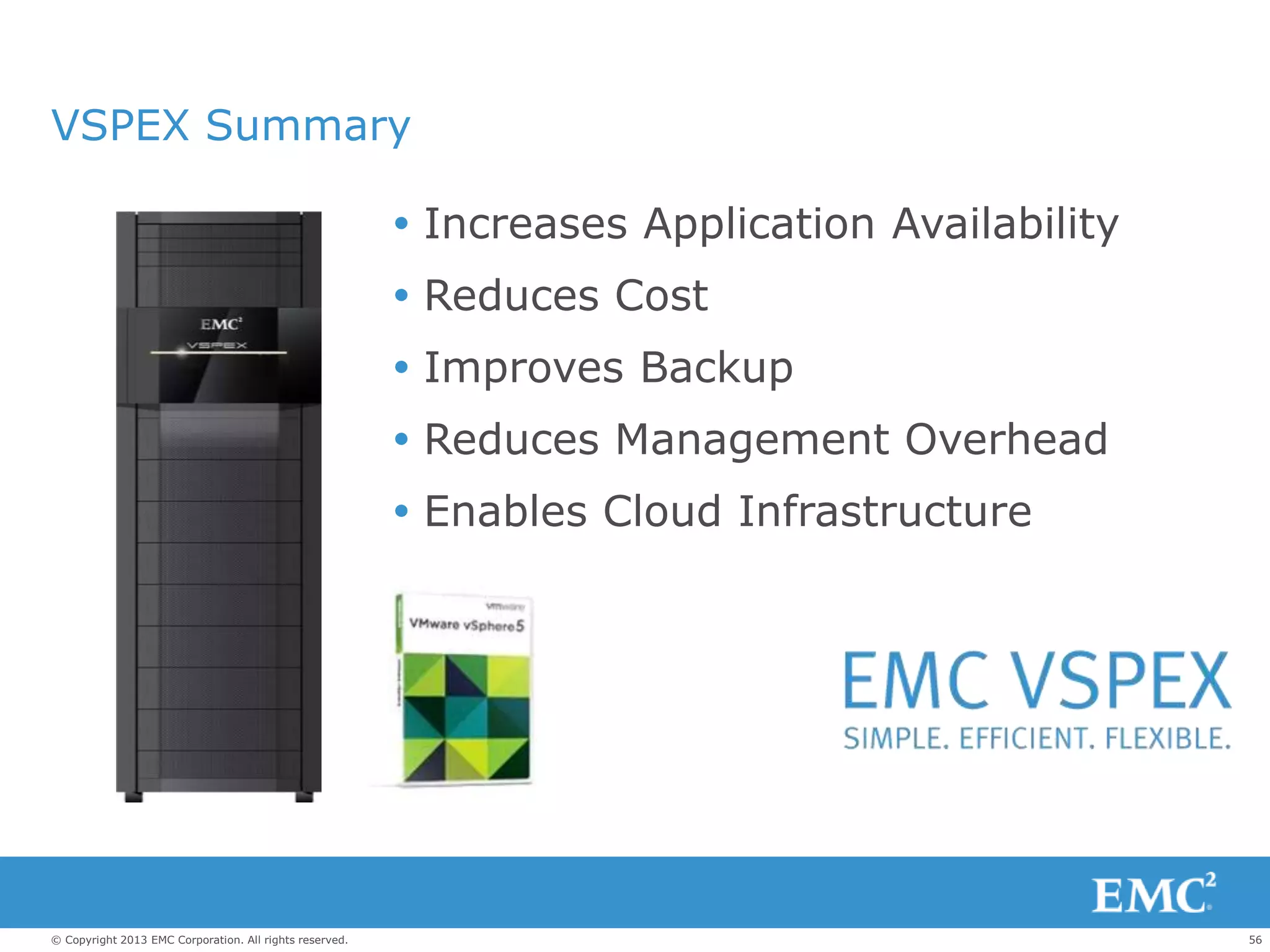 56© Copyright 2013 EMC Corporation. All rights reserved.
VSPEX Summary
 Increases Application Availability
 Reduces Cost
 Improves Backup
 Reduces Management Overhead
 Enables Cloud Infrastructure
 