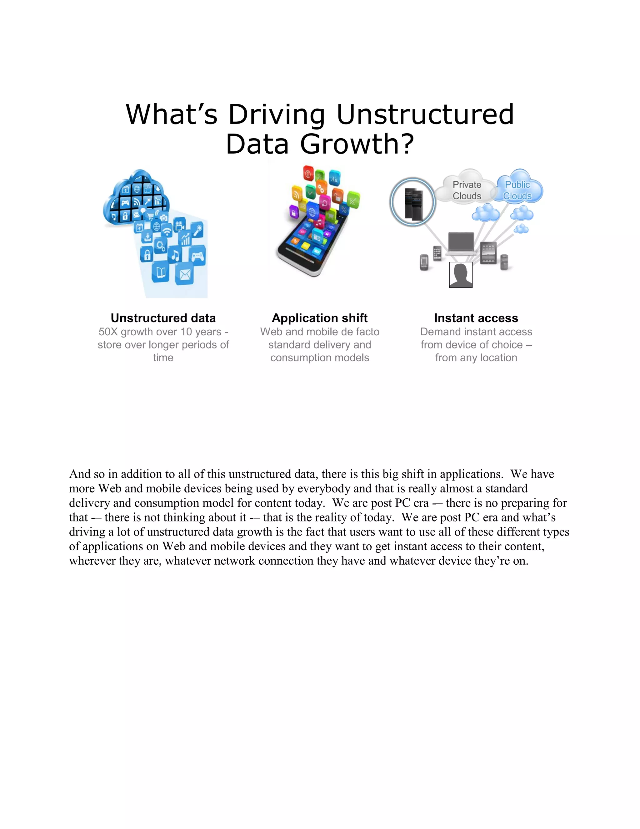 What’s Driving Unstructured
                  Data Growth?




        Unstructured data                 Application shift                 Instant access
      50X growth over 10 years -        Web and mobile de facto          Demand instant access
      store over longer periods of       standard delivery and           from device of choice –
                  time                   consumption models                 from any location




And so in addition to all of this unstructured data, there is this big shift in applications. We have
more Web and mobile devices being used by everybody and that is really almost a standard
delivery and consumption model for content today. We are post PC era -– there is no preparing for
that -– there is not thinking about it -– that is the reality of today. We are post PC era and what‟s
driving a lot of unstructured data growth is the fact that users want to use all of these different types
of applications on Web and mobile devices and they want to get instant access to their content,
wherever they are, whatever network connection they have and whatever device they‟re on.
 