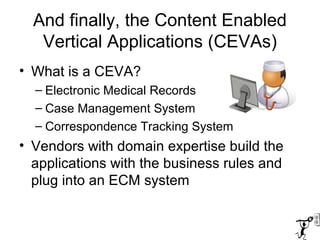 And finally, the Content Enabled
Vertical Applications (CEVAs)
• What is a CEVA?
– Electronic Medical Records
– Case Manag...