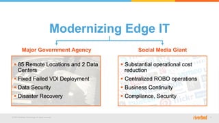 © 2015 Riverbed Technology. All rights reserved. 8
Modernizing Edge IT
Major Government Agency Social Media Giant
§ 85 Remote Locations and 2 Data
Centers
§ Fixed Failed VDI Deployment
§ Data Security
§ Disaster Recovery
§ Substantial operational cost
reduction
§ Centralized ROBO operations
§ Business Continuity
§ Compliance, Security
 