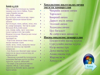 • Хооллолтоос шалтгаалах өвчин
Ìàõíû á¿ëýã                               эмгэгээс хамааруулан
Max, махан бүтээгдхүүн нь гэрийн
хананы дээд хэсэгт байна. Үүнд          • -   Чихрийн шижин өвчин
төрөл бүрийн малын
мах, борц, дайвар
                                        • -   Таргалалт
бүтээгдхүүн, жигнэсэн мах, төрөл        • -   Бөөрний өвчин
бүрийн лаазалсан махан болон
загасан                                 • -   Даралт ихсэх өвчин
бүтээгдхүүн, хиам, зайдас, загас, өнд   • -   Элэгний өвчин
өг, самар хамаарна. Эдгээр нь уураг
Витамин В бүлгийн амин                  • -   Ходоодны өвчин
дэм, төмөр, цайр, зэрэг хүнд маш        • -   Цус багадалт
чухал хэрэщээтэй тэжээлийн
бодисыг агуулдаг. Ялангуа өөх тосыг     • -   Яс сийрэгжих өвчин г.м
ихээр агуулна.
Анхаарах нь:                            • Насны онцлогоос хамааруулан
- Хэрэглэж заншсан таван хошуу          • -   Цэцэрлэгийн насны хүүхэд
малын махнаас гадна
гахай, загас, тахиа, шувууны махыг      • -   Сургуулийн насны хүүхэд
хэрэглэж хоолны нэр төрлийг             • -   Идэр насны хүн
олшруулах
- Аль болох өөх багатай тураг махыг     • -   Дунд насны хүн
хэрэглэх нь эрүүл мэндэд илүү ач
холбогдолтой                            • -   Ахмад насны хүн
- Лаазалсан хүнсний бүтээгдхүүн нь      • -   Жирэмсэн эх
ходоодны бактери үүсгэх тул бага
хэрэглэх, түүнээс зайлсхийх             • -   Хөхүүл эх
- Та өдөрт дээр дурьдсан махны
төрлөөс 100 гр, 1 аяга самар
хэрэглэх нь биеийн эрдэс, уургийг
бүрэн нөхнө.
 