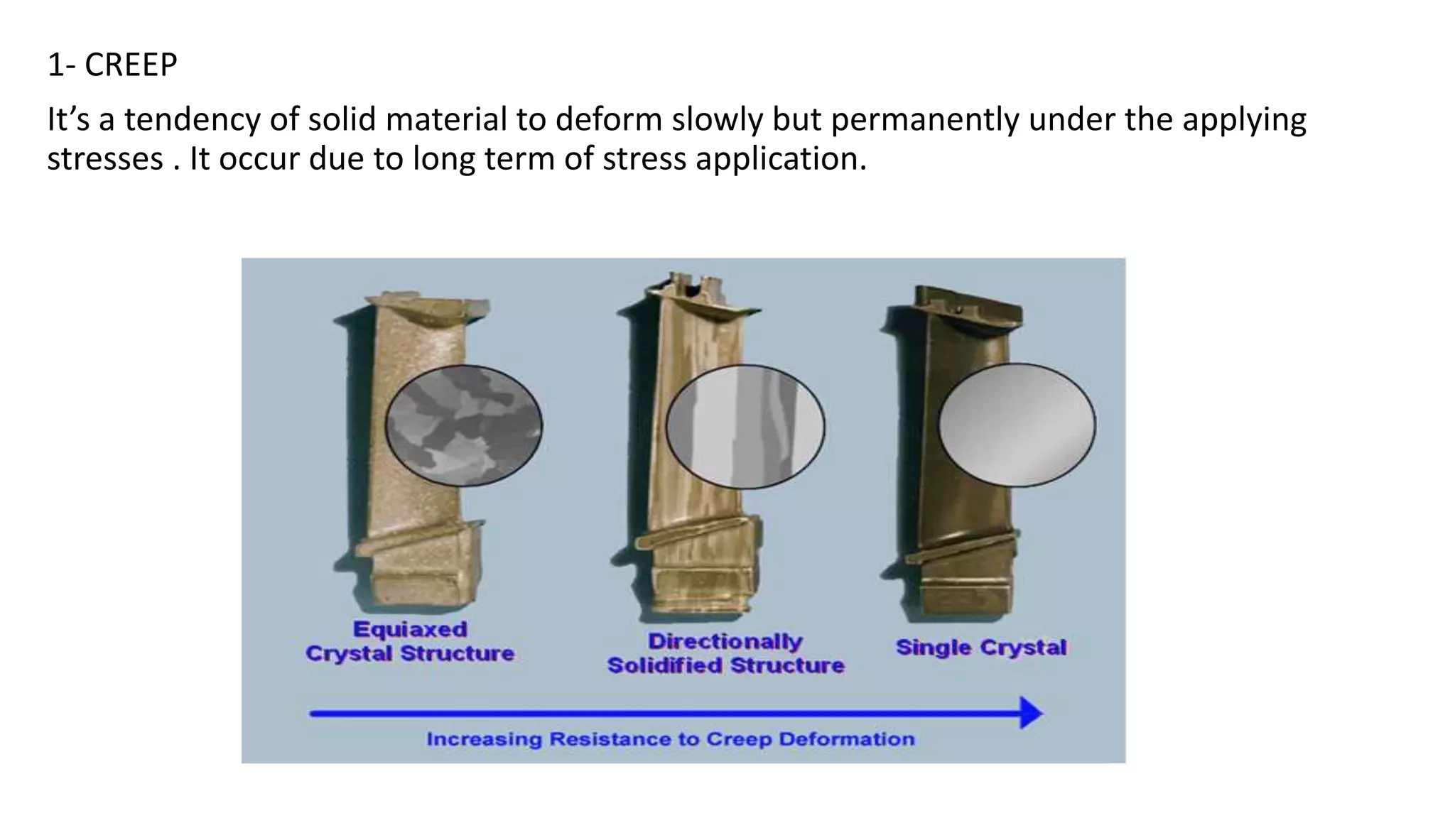 1- CREEP
It’s a tendency of solid material to deform slowly but permanently under the applying
stresses . It occur due to long term of stress application.
 