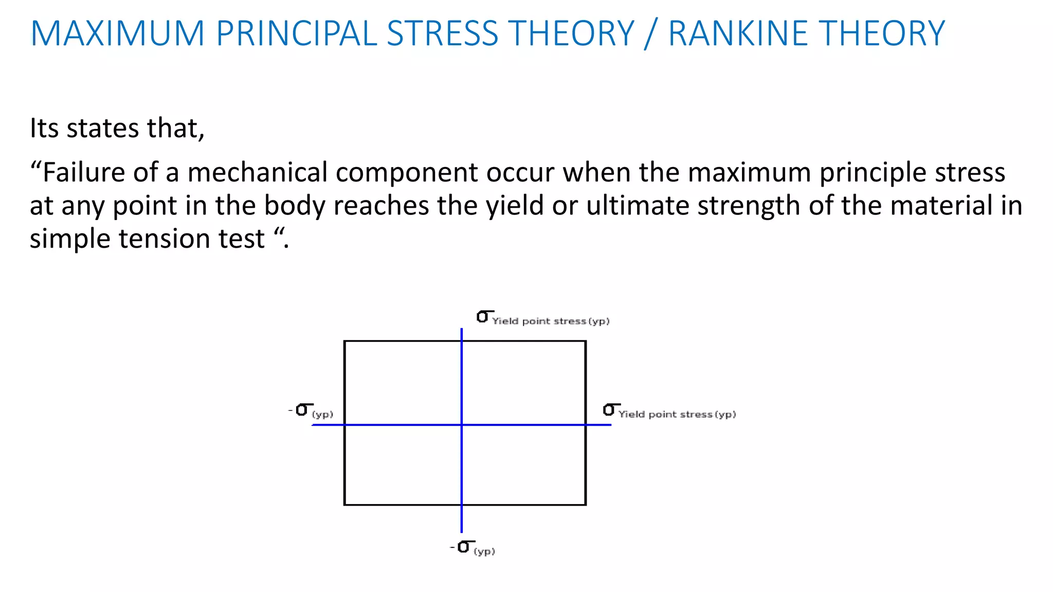 MAXIMUM PRINCIPAL STRESS THEORY / RANKINE THEORY
Its states that,
“Failure of a mechanical component occur when the maximum principle stress
at any point in the body reaches the yield or ultimate strength of the material in
simple tension test “.
 