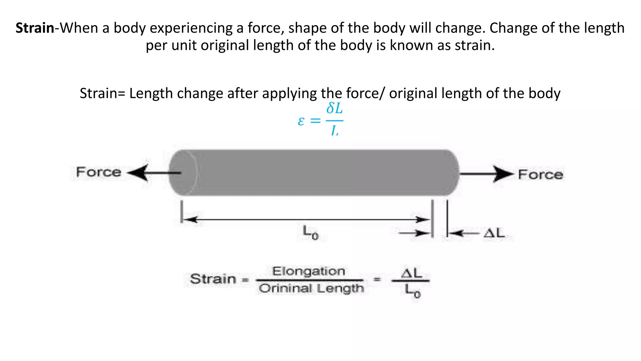 Strain-When a body experiencing a force, shape of the body will change. Change of the length
per unit original length of the body is known as strain.
Strain= Length change after applying the force/ original length of the body
𝜀 =
𝛿𝐿
𝐿
 