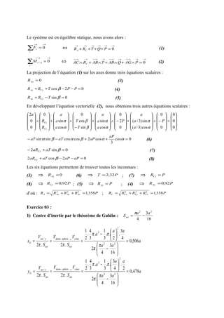 Le système est en équilibre statique, nous avons alors :
→→
=∑ 0
i
iF ⇔
→→→→→→
=++++ 0PQTRR CA
(1)
→→−
=∑ 0/
i
AiM ⇔
→→→−→→−→→−→→−
=∧+∧+∧+∧ 0PAGQABTABRAC C
(2)
La projection de l’équation (1) sur les axes donne trois équations scalaires :
0=AxR (3)
02cos =−−++ PPTRR CyAy β (4)
0sin =−+ βTRR CzAz (5)
En développant l’équation vectorielle (2), nous obtenons trois autres équations scalaires :










=










−∧










+










−∧










+










−
∧










+










∧










0
0
0
0
0
cos)3/(
sin)3/(
0
2
0
cos
sin
sin
cos
0
cos
sin
0
0
0
2
P
a
a
a
P
a
a
a
T
T
a
a
a
R
R
a
Cz
Cy
α
α
α
α
β
β
α
α
0cos
3
cos2coscossinsin =++−− ααβαβα
aP
aPaTaT (6)
0sin2 =+− βaTaRCz (7)
02cos2 =−−+ aPaPaTaRCy β (8)
Les six équations permettent de trouver toutes les inconnues :
(3) ⇒ 0=AxR (6) ⇒ PT 32,2= ; (7) ⇒ PRCz =
(8) ⇒ PRCy 92,0= ; (5) ⇒ PRAz = ; (4) ⇒ PRAy 92,0=
d’où : PRRRR AzAyAxA 358,1222
=++= ; PRRRR CzCyCxC 358,1222
=++=
Exercice 03 :
1) Centre d’inertie par le théorème de Guldin :
16
3
4
22
aa
Stot −=
π
a
aa
aa
a
S
VV
S
V
x
tot
cônesphèredemi
tot
ytot
G 506,0
16
3
4
.2
4
3
.
2
..
3
1
.
3
4
.
2
1
.2
_
.2 22
2
3
/
=






−






−
===
−
π
π
ππ
ππ
a
aa
aa
a
S
VV
S
V
y
tot
cônesphèredemi
tot
xtot
G 479,0
16
3
4
.2
2
.
4
3
..
3
1
.
3
4
.
2
1
.2
_
.2 22
2
3
/
=






−






−
===
−
π
π
ππ
ππ
 