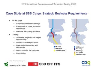15th International Conference on Information Quality, 2010
Case Study at SBB Cargo: Strategic Business Requirementsy g g
• In the past:
– Cooperation between railways
– Everyone is in chare, no-one is
responsible
– Interface and quality problems
• Today:
– Seamless single-source freightSeamless, single-source freight
responsibility
– Uniform business processes
Coordinated timetables and– Coordinated timetables and
sequences
– One contact for the customer
C titi
DB Cargo
SBB Cargo
Trenitalia Cargo
DB Schenker
BLS Cargo
SBB Cargo
TX Logistik
– Competition TX Logistik
Trenitalia Cargo
 