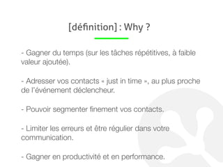 FONCTIONNALITÉS
Une solution de marketing automation efficace… tout
simplement .
Scénarios personnalisables
Envois par email
Envoi par SMS
Templates email responsive
Personnalisation automatique
Statistiques détaillées
 
