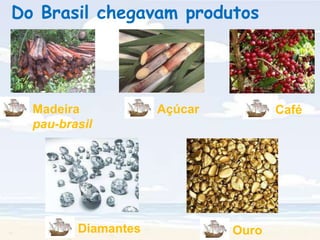 Do Brasil chegavam produtos como:Madeirapau-brasilAçúcarDiamantesCaféOuro