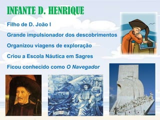 INFANTE D. HENRIQUEFilho de D. João IGrande impulsionador dos descobrimentosOrganizou viagens de exploraçãoCriou a Escola Náutica em SagresFicou conhecido como O Navegador