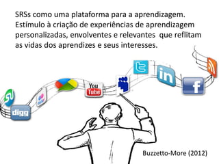 SRSs como uma plataforma para a aprendizagem.
Estímulo à criação de experiências de aprendizagem
personalizadas, envolventes e relevantes que reflitam
as vidas dos aprendizes e seus interesses.




                                    Buzzetto-More (2012)
 