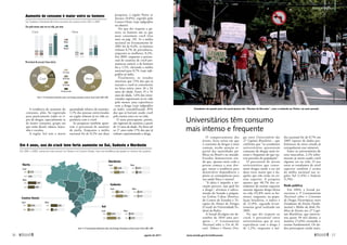 Universitários têm consumo
mais intenso e frequente
O comportamento dos
jovens, faixa etária em que
o consumo de drogas é mais
comum, recebe atenção es-
pecial das autoridades pú-
blicas no Brasil e no mundo.
Estudos demonstram ain-
da que, quanto mais cedo a
pessoa começa a usar dro-
gas, maior a tendência para
desenvolver dependência e
piores as consequências para
sua saúde física e mental.
“A ideia é impedir a ini-
ciação precoce, seja qual for
a droga”, afirmou à subco-
missão do Senado o psiquia-
tra Esdras Cabus Moreira,
do Centro de Estudos e Te-
rapias do Abuso de Drogas
(Cetad) da Universidade Fe-
deral da Bahia.
A Senad divulgou em de-
zembro de 2010 uma pes-
quisa – 1º Levantamento
Nacional sobre o Uso de Ál-
cool, Tabaco e Outras Dro-
gas entre Universitários das
27 Capitais Brasileiras – que
confirma que “os estudantes
universitários apresentam
consumo de drogas mais in-
tenso e frequente do que ou-
tras parcelas da população”.
O percentual de jovens
universitários que conso-
mem drogas tende a ser até
duas vezes maior que o da-
queles que não estão no en-
sino superior. A pesquisa
aponta que 48,7% dos es-
tudantes de ensino superior
usaram alguma droga ilícita
na vida (52,8% entre os ho-
mens), enquanto, na popu-
lação brasileira, o índice é
de 22,8%, segundo levan-
tamento geral realizado em
2005.
No que diz respeito ao
crack, o percentual entre
universitários que já teve
­
experiência com a droga é
de 1,2%, enquanto a mé-
dia nacional foi de 0,7% em
2005 (apesar de dados pre-
liminares do novo estudo já
extrapolarem esse número).
Entre os universitários do
sexo masculino, 2,1% infor-
maram já terem usado ­
crack
alguma vez na vida. O uso
entre os estudantes de nível
superior também é acima
da média nacional nas re-
giões Sul (1,4%) e Sudeste
(1,5%).
Rede pública
Em 2004, a Senad pa-
trocinou o 5º Levantamento
Nacional sobre o Consumo
de Drogas Psicotrópicas entre
Estudantes do Ensino Funda-
mental e Médio da Rede Pú-
blica de Ensino nas 27 Capi-
tais Brasileiras, que entrevis-
tou quase 50 mil alunos, a
maioria (71,6%) cursando o
ensino fundamental. Os da-
dos preocupam ainda mais,
Estudantes são grande parte dos participantes das “Marchas da Maconha”, como a realizada em Vitória, em maio passado
A tendência de aumento do
consumo, aliás, foi registrada
para praticamente todos os ti-
pos de drogas, especialmente as
de maior consumo, grupo em
que estão álcool, tabaco, maco-
nha e cocaína.
A região Sul tem a maior
quantidade relativa de usuários:
1,1% das pessoas entrevistadas
na região relatam já ter tido ex-
periência com o crack.
As pesquisas também apon-
tam o percentual de usuários
de merla. Enquanto a média
nacional foi de 0,2% nas duas
pesquisas, a região Norte se
destaca (0,8%), seguida pelo
Centro-Oeste (veja infográfico
na abaixo).
No que diz respeito a gê-
nero, os homens são os que
mais consomem crack (leia
mais na pág. 29). Se a média
nacional no levantamento de
2001 foi de 0,4%, os homens
tinham 0,7% de prevalência,
enquanto as mulheres, 0,2%.
Em 2005, enquanto o percen-
tual de usuárias de crack per-
maneceu estável, o de homens
foi a 1,5%, elevando a média
nacional para 0,7% (veja info-
gráfico ao lado).
Finalmente, os estudos
mostram que 72% dos que já
usaram o crack se concentram
na faixa etária entre 18 e 34
anos de idade. Entre 25 e 35
anos de idade, 1,6% dos entre-
vistados registraram já ter tido
pelo menos uma experiência
com a droga (veja infográfico
ao lado), contabilizando 39%
dos que já haviam usado crack
pelo menos uma vez na vida.
O mais preocupante, porém,
são registros de usuários a partir
de 12 anos de idade. Na faixa até
os 17 anos estão 17% dos que já
tinham experimentado a droga.
Ademir
Ribeiro
Sudeste
Crack Merla
0,1%
2001
2005
2001
2005
0,9%
0,4%
0,1%
Nordeste
Fonte: Iº e I1ºLevantamentos Domiciliares sobre o Uso de Drogas Psicotrópicas no Brasil.Senad e Cebrid, 2001 e 2005
Norte
0,2%
Crack
0,0%
Merla
1,0%
2001
2005
2001
2005 0,8%
Centro-Oeste
Crack Merla
2001
2005
2001
2005
0,8%
0,3%
0,3%
0,4%
Crack Merla
0,1%
2001
2005
2001
2005 0,2%
0,7%
0,4%
Sul
Crack Merla
0,1%
2001
2005
2001
2005
1,1%
0,5%
0,2%
Em 4 anos, uso de teve forte aumento no Sul, Sudeste e Nordeste
Em 2001 e 2005, merla era mais comum no Norte e no Centro-Oeste, mas com tendência de queda no número de usuários
crack
Aumento de consumo é maior entre os homens
Sul, Sudeste e Nordeste têm forte aumento de usuários entre 2001 e 2005
1,5%
2005
2001
0,7%
0,2%
0,2%
2001 2005
0,3%
0,6%
0,1%
0,0%
2001 2005 2001 2005
17%
33%
39%
11% 11%
33%
56%
Crack
Percentual de uso por faixa etária:
18-24 anos
12-17 anos
35 anos ou mais
25-34 anos
Uso pelo menos uma vez na vida, por sexo:
Merla
Merla
Crack
Homem
Mulher
Fonte: 1º e IIº levantamentos domiciliares sobre o uso de drogas psicotrópicas no Brasil. Senad e Cebrid, 2001 e 2005
26 
agosto de 2011 www.senado.gov.br/emdiscussao 
27
Realidade brasileira
SUMÁRIO
 