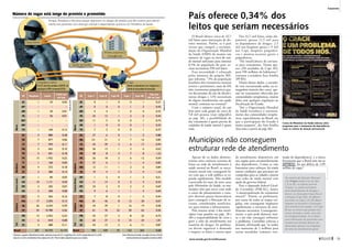 O Brasil oferece cerca de 32,7
mil leitos para internação de do-
entes mentais. Porém, se o país
tivesse que cumprir a recomen-
dação da Organização Mundial
da Saúde (OMS) de manter um
número de vagas na área de saú-
de mental suficiente para internar
0,5% da população do país, se-
riam necessários 950 mil leitos.
Essa necessidade é reforçada
pelos números do próprio MS,
que informa: “3% da população
brasileira têm transtornos mentais
severos e persistentes, mais de 6%
têm transtornos psiquiátricos gra-
ves decorrentes do uso de álcool e
outras drogas e 12% necessitam
de algum atendimento em saúde
mental, contínuo ou eventual”.
Com o número atual, de um
leito para cada grupo de cerca de
5,8 mil pessoas (veja infográfico
na pág. 38), a possibilidade de
dar tratamento a quem precisa de
cuidados de saúde mental é quase
nula.
Dos 32,7 mil leitos, estão dis-
poníveis apenas 11,5 mil para
os dependentes de drogas: 2,5
mil nos hospitais gerais e 9 mil
nos Caps, hospitais psiquiátri-
cos e prontos-socorros gerais e
­psiquiátricos.
“Há insuficiência de estrutu-
ra para tratamento. Temos ape-
nas 258 unidades de Caps AD,
para 190 milhões de habitantes”,
constata a senadora Ana Amélia
­(PP-RS).
Diante desses dados, a socieda-
de vem encontrando saída, na es-
magadora maioria dos casos, ape-
nas no tratamento oferecido por
comunidades terapêuticas, muitas
delas sem qualquer regulação ou
fiscalização do Estado.
“Até a Organização Mundial
da Saúde reconhece o assessora-
mento das comunidades terapêu-
ticas, especialmente no Brasil, em
que a participação do Estado é
muito pequena”, diz Ana Amélia
(leia mais a partir da pág. 60).
Apesar de os dados demons-
trarem uma carência extrema de
leitos na rede de atendimento à
saúde mental no Brasil, os meca-
nismos atuais não conseguem fa-
zer com que a rede pública se ex-
panda rapidamente. Pelo modelo
construído há mais de nove anos
pelo Ministério da Saúde, os mu-
nicípios têm que arcar com todo
o custo do planejamento e cum-
prir diversos passos burocráticos
para conseguir a liberação de re-
cursos, considerados insuficien-
tes, para montar a infraestrutura.
Pelo sistema atual, é dos muni-
cípios (veja quadros nas págs. 38 e
40) a responsabilidade de criar e
gerir a rede de atendimento aos
usuários de drogas. As prefeitu-
ras devem organizar a demanda
e mapear os leitos e outros tipos
de atendimento disponíveis em
sua região para encaminhamento
dos dependentes. Como se não
bastassem esses esforços, há ainda
outras condições que precisam ser
cumpridas para as cidades criarem
suas redes de saúde mental com
ajuda do governo federal.
Para o deputado federal Gival-
do Carimbão (PSB-AL), houve
“a municipalização do transtorno
mental”. Porém, as prefeituras,
por conta de todas as etapas exi-
gidas, não conseguem implantar
rapidamente a estrutura de aten-
dimento necessária. Consequente-
mente, o país pode demorar mui-
to e até não conseguir enfrentar
o problema. Carimbão criticou a
demora, afirmando que “se tenho
um montante de 2 milhões para
serem atendidos [número esti-
mado de dependentes], e a única
ferramenta que o Brasil tem são os
Caps AD, há um déficit de 1,99
milhão de vagas”.
UF Caps I Caps II Caps III Caps i Caps AD
Caps por
100 mil hab.¹
Norte
AC 0 1 0 0 1 0,27
AP 0 0 0 1 2 0,45
AM 5 4 1 0 0 0,23
PA 24 12 1 2 6 0,44
RO 11 5 0 0 1 0,74
RR 1 0 0 0 1 0,33
TO 7 2 0 0 1 0,47
Nordeste
AL 37 6 0 1 2 0,88
BA 121 31 3 7 16 0,85
CE 45 29 3 6 17 0,94
MA 36 13 1 3 6 0,63
PB 38 8 3 7 8 1,23
PE 26 18 2 6 12 0,59
PI 27 6 1 1 4 0,83
RN 12 11 1 2 6 0,84
SE 19 4 3 2 4 1,16
Centro-Oeste
DF 1 2 0 1 2 0,21
GO 11 14 0 2 4 0,42
MT 24 2 0 2 5 0,69
MS 9 6 1 1 4 0,69
Sudeste
ES 7 8 0 1 3 0,44
MG 81 46 8 12 20 0,67
RJ 34 39 1 16 19 0,58
SP 61 76 22 30 62 0,56
Sul
PR 35 27 2 8 22 0,74
RS 65 37 0 15 24 1,01
SC 43 13 2 6 11 0,87
Brasil 780 420 55 132 263 0,68
UF Hospitais Leitos
Leitos por
mil hab.
Norte
AC 1 35 0,05
AP² – – –
AM 1 20 0,01
PA 1 56 0,01
RO² – – –
RR² – – –
TO 1 160 0,12
Nordeste
AL 5 880 0,28
BA 7 877 0,06
CE 7 949 0,11
MA 3 662 0,10
PB 5 691 0,18
PE 13 1.932 0,22
PI 1 160 0,05
RN 4 572 0,18
SE 2 280 0,14
Centro-oeste
DF 1 85 0,03
GO 10 1.171 0,20
MT 2 202 0,07
MS 2 200 0,08
Sudeste
ES 3 565 0,16
MG 17 2.292 0,12
RJ 36 6.224 0,39
SP 54 10.780 0,26
Sul
PR 15 2.452 0,23
RS 6 810 0,08
SC 4 680 0,11
Brasil 201 32.735 0,174
Número de vagas está longe do previsto e prometido
Amapá, Rondônia e Roraima sequer aparecem na relação de estados que têm postos para atendi-
mento aos pacientes com doenças mentais e dependentes químicos do Ministério da Saúde
Caps
Recebe os dependentes, faz o diagnóstico e
decide da necessidade de internação.
Hospitais e leitos
Os 32,7 mil leitos atendem a 0,017% da
população (a OMS recomenda 0,5%).
Fonte:MinistériodaSaúde,comdadosdoCenso2010do
InstitutoBrasileirodeGeografiaeEstatística(IBGE)
Dados
de
2011
Dados
de
2010
1 Cobertura, segundo o Ministério da Saúde: muito boa (acima de 0,7), regular/boa (0,5 a 0,69), regular/baixa (0,35 a 0,49),
baixa (0,2 a 0,34) e insuficiente/crítica (abaixo de 0,20). 2 Não há dados disponíveis para esses estados.
Dependente
Pronto-socorros e
emergências
Saúde da Família
Consultório de Rua
País oferece 0,34% dos
leitos que seriam necessários
Municípios não conseguem
estruturar rede de atendimento
Os centros de Atenção Psicosso-
cial (Caps) podem ser do tipo
I, II ou III, ou infanto-juvenis
(Capsi), ou ainda exclusivos
para dependentes de drogas e
álcool, os chamados Caps Álcool
e Drogas (Caps AD). As diferen-
ças entre os Caps I, II e III dizem
respeito ao tamanho e formação
dos membros da equipe. Os Caps
III são os únicos que podem fun-
cionar durante a noite, mas não
há obrigatoriedade. Já os leitos
para internação de pacientes com
transtornos mentais devem ser
oferecidos apenas nos hospitais
da rede de atendimento geral.
Cartaz do Ministério da Saúde informa sobre
programas para o tratamento da dependência,
como os centros de atenção psicossocial
www.senado.gov.br/emdiscussao 
39
Tratamento
SUMÁRIO
 