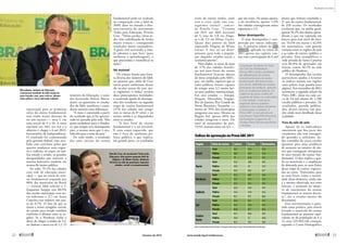 reprovação para as ­primeiras
séries do ensino fundamental,
mas ainda muito distante de
ser um sucesso — nota 5, em
uma escala de 0 a 10. A meta
nacional em 2011 era 4,6 e o
objetivo é chegar a 6 até 2022,
bicentenário da Independência.
O resultado foi comemorado
pelo governo federal, mas rece-
bido com ceticismo pelos que
querem mudanças mais urgen-
tes e radicais, ao expor, na aná-
lise estado a estado, as grandes
desigualdades que marcam o
sistema federativo também em
termos de ensino público.
Ao todo, 55,1% das cidades
com rede de educação muni-
cipal — que no início do ensi-
no fundamental responde por
80% das matrículas do Brasil
— tiveram Ideb inferior a 5.
Enquanto Sergipe tem 80,9%
das escolas municipais com no-
tas inferiores a 3,7, em Santa
Catarina esse número não pas-
sa de 0,7%. O fato de que as
metas a serem atingidas variam
de estado para estado também
confirma o abismo entre as re-
giões. Se o Nordeste tinha o
dever de chegar à média de 3,5,
no ­Sudeste a meta era de 5,2. O
ministro da Educação, o sena-
dor licenciado Aloizio Merca-
dante, ao apresentar os resulta-
dos do Ideb, justificou e consi-
derou naturais essas diferenças.
“A meta é construída a partir
do resultado que já foi apresen-
tado no passado pela rede. Não
posso estabelecer para o Nordes-
te, que sempre teve desempenho
pior, a mesma meta que é esta-
belecida para o resto do país.”
De todo modo, o ­resultado
dos anos iniciais do ensino
fundamental pode ser exaltado
na comparação com o Ideb de
2009, disse no Senado a dire-
tora-executiva do movimento
Todos pela Educação, Priscila
Cruz. “Várias escolas, várias re-
des vêm trabalhando de forma
muito exitosa e conseguindo
resultados muito animadores.
A gente está acertando a mão.
Já sabemos o que fazer [para
melhorar a aprendizagem]; o
que precisamos é intensificar as
ações”.
Nó invisível
Os críticos fazem uma leitu-
ra diversa dos números do Ideb,
ao apontar que, além de fixar
metas pouco ambiciosas diante
do secular atraso do país nes-
te segmento, o índice revelou
duas preocupantes realidades:
a acentuada queda de desempe-
nho dos estudantes na segunda
etapa do ensino fundamental
(37% das cidades não atingi-
ram as metas da 8ª série) e no
ensino médio e as disparidades
entre os estados.
“A fase final do ensino
fundamental é o nó invisível.
É uma etapa esquecida, que
não é foco de nenhuma po-
lítica ­pública, o que explica,
em grande parte, os resultados­
ruins do ensino médio, onde
está a crise, onde não con-
seguimos evoluir”, concor-
da Priscila Cruz. “Tivemos
em 2011 um Ideb nacional
de 5, mas de 3,8 em Alago-
as e de 5,9 em Minas Gerais.
Quase dois pontos do Ideb
separando Alagoas de Minas
Gerais. E isso vai ser deter-
minante para toda a popula-
ção daqueles estados social e
­economi­camente”.
Pelos dados, as notas de mais
de 37% das cidades brasilei-
ras nos anos finais do ensino
fundamental ficaram abaixo
da meta estipulada pelo MEC,
que, em média, esperava que as
redes públicas fossem capazes
de atingir nota 3,7, muito bai-
xa para padrões internacionais.
Em oito estados — Amapá,
Alagoas, Maranhão, Sergipe,
Rio de Janeiro, Rio Grande do
Norte, Roraima e Tocantins —,
menos de 50% dos municípios
atingiram essa nota. Mesmo na
Região Sul, apenas 60% das
cidades atingiram a meta. Do
total de municípios do país,
73,5% tiveram notas até 4,4 —
que são ruins. Na ponta oposta,
a da excelência, apenas 1,5%
das cidades conseguiram notas
superiores a 5,5.
Baixo desempenho
O mau desempenho é com-
provado por outros indicado-
res. A primeira edição da Pro-
va ABC, aplicada no início de
2011 apenas nas capitais, con-
tou com a participação de 6 mil
alunos que tinham concluído o
3º ano do ensino fundamental,
de 250 escolas. Os resultados
revelaram que, na média geral,
apenas 56,1% dos alunos apren-
deram o que era esperado em
leitura para esse nível do ensi-
no, 53,4% em escrita e 42,8%
em matemática, com grande
variação entre as regiões do país
e as redes de ensino (pública e
privada). Para exemplificar, a
rede privada de Santa Catarina
teve 86,8% de aprovados em
leitura, contra 36,5% na rede
pública do Nordeste.
O desempenho das escolas
particulares ajudou a levantar
os índices mesmo nas regiões
mais pobres (veja quadro nesta
página). Em novembro de 2012
aconteceu a segunda edição da
Prova ABC, desta vez com cer-
ca de 54 mil alunos de 1.200
escolas públicas e privadas. Os
resultados, quando publica-
dos, devem mostrar um qua-
dro ainda mais ­detalhado dessa
realidade.
Fora da sala de aula
Apesar de os indicadores
mostrarem que boa parte dos
estudantes não tem consegui-
do aprender o suficiente, da-
dos extraídos do censo escolar
apontam para uma tendência
de aumento no número de alu-
nos que conseguem ultrapassar
os anos iniciais do ensino fun-
damental. O fato explica a que-
da na matrícula e a ampliação
da demanda para os anos finais
dessa etapa de ensino, registra-
das no censo. “Entretanto, para
os anos finais, como a intensi-
dade dessa dinâmica ainda não
é a mesma observada nos anos
iniciais, o aumento no núme-
ro de concluintes do ensino
fundamental se mostra discre-
to”, diz o resumo técnico do
documento.
Essa movimentação é apon-
tada como positiva, pois estaria
levando a matrícula do ensino
fundamental ao patamar equi-
valente ao da população de 6 a
14 anos (29.204.148 crianças,
segundo o Censo ­Demográfico
Mercadante, ministro da Educação,
comemorou resultado do Ideb acima da
meta traçada, mas, para críticos, abismo
entre pobres e ricos está mais evidente
A Avaliação Brasileira do Final
do Ciclo de Alfabetização
(Prova ABC) avalia a qualidade
da alfabetização dos alunos
nos primeiros anos do ensino
fundamental. Até duas turmas
por escola, definidas por sorteio,
participam da avaliação, aplicada
por um profissional externo. Os
cadernos de prova contêm 20
questões de leitura ou matemática
e uma redação. Cada aluno
responde apenas questões
relativas a uma dessas disciplinas
e todos fazem a redação. A
Prova ABC é uma parceria do
movimento Todos Pela Educação,
da Fundação Cesgranrio, do
Instituto Paulo Montenegro/Ibope
e do Inep.
Índices de aprovação na Prova ABC 2011
Região Rede de ensino Leitura Escrita Matemática
Brasil
Total 56,1 53,4 42,8
Pública 48,6 43,9 32,6
Privada 79 82,4 74,3
Norte
Total 43,6 39,8 28,3
Pública 39,4 35 21,9
Privada 69,4 69,3 67,7
Nordeste
Total 42,5 30,1 32,4
Pública 36,5 21,3 25,2
Privada 61,1 57,5 54,7
Sudeste
Total 62,8 65,8 47,9
Pública 54,4 53,8 35,6
Privada 85,1 97,7 80,6
Sul
Total 64,6 61,1 55,7
Pública 56,5 53,6 44,5
Privada 86,8 81,7 86,3
Centro-
Oeste
Total 64,1 60,6 50,3
Pública 56,8 55 40,6
Privada 85,5 77,3 78,9
Fonte: Instituto Nacional de Estudos e Pesquisas Educacionais Anísio Teixeira/Ministério da Educação
Priscila Cruz, do movimento Todos pela
Educação: dois pontos separam Ideb de
Alagoas e de Minas Gerais, distância
decisiva na vida da população daqueles
estados, social e economicamente
ValterCampanato/ABr
MarcosOliveira/AgênciaSenado
22 
fevereiro de 2013 www.senado.leg.br/emdiscussao 
23
Realidade brasileira
 