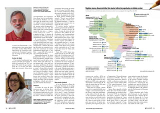 Centro-Oeste
População total (2010): 14.058.094
% em idade escolar (4–17 anos): 24%	
	 População de 4 a 6 anos	 668.100 		
	 Matrículas na pré-escola	 307.523
	 População de 7 a 14 anos	 1.932.240
	Matrículas no ensino fundamental	 2.235.075
	 População de 15 a 17 anos	 766.923
	 Matrículas no ensino médio	 628.036
Norte
População total (2010): 15.864.454
% em idade escolar (4–17 anos): 29,8%	
	 População de 4 a 6 anos	 966.864
	 Matrículas na pré-escola	 462.448
	 População de 7 a 14 anos	 2.751.080
	Matrículas no ensino fundamental	 3.256.268
	 População de 15 a 17 anos	 1.016.228
	 Matrículas no ensino médio	 754.617
Sul
População total (2010): 27.386.891
% em idade escolar (4–17 anos): 22%	
	 População de 4 a 6 anos	 1.122.270 		
	 Matrículas na pré-escola	 521.227
	 População de 7 a 14 anos	 3.468.685
	Matrículas no ensino fundamental	 3.940.404
	 População de 15 a 17 anos	 1.423.767
	 Matrículas no ensino médio	 1.137.262
Sudeste
População total (2010): 80.364.410
% em idade escolar (4–17 anos): 21,6%	
	 População de 4 a 6 anos 	 3.270.350 			
	 Matrículas na pré-escola 	 1.835.980
	 População de 7 a 14 anos	 10.074.943
	Matrículas no ensino fundamental 	 11.610.001
	 População de 15 a 17 anos	 3.987.640
	 Matrículas no ensino médio	 3.479.392
Nordeste
População total (2010): 53.081.950
% em idade escolar (4–17 anos): 26,2%	
	 População de 4 a 6 anos	 2.669.088 			
	 Matrículas na pré-escola	 1.554.092
	 População de 7 a 14 anos	 8.082.782
	Matrículas no ensino fundamental	 9.316.892
	 População de 15 a 17 anos	 3.163.316
	 Matrículas no ensino médio	 2.401.382
Regiões menos desenvolvidas têm maior índice de população em idade escolar
Conclusão é do cruzamento de dados do censo escolar com as projeções demográficas do IBGE
Fonte:Inep/MinistériodaEducaçãoeIBGE
População em idade escolar (2010)
Número de matrículas (2011)
O MEC divulgou em 21 de dezembro de
2012 os dados finais do Censo Escolar
2012, porém a tabulação por estados e
regiões não foi fornecida
14 anos vem diminuindo e, con-
sequentemente, entra menos gente
na escola”, avaliou Ruben Klein,
especialista em estatísticas edu-
cacionais da Fundação Cesgran-
rio, em artigo no site Todos pela
­Educação.
Acima da idade
É no ensino fundamental que
aparece um dado preocupante: o
total de matrículas em 2011 era
quase 4% maior do que a popu-
lação de 6 a 14 anos (em 2010,
dado mais recente), faixa etária
correspondente aos frequenta-
dores dessa fase da escolaridade.
Em números absolutos, isso sig-
nifica que, de acordo com o Inep,
1,1 milhão de jovens ainda estão
cursando o ensino fundamen-
tal, mesmo tendo ultrapassado a
idade correta para estar nele. Em
2000, ainda com o ensino funda-
mental de oito anos — e ingres-
so das crianças aos 7 anos —,
o quadro era pior: o número de
matrículas era 20% superior ao da
­quantidade de jovens nessa idade.
Se a razão entre a população
na idade apropriada e o núme-
ro de matrículas fosse feita com a
projeção populacional para 2011
(28.642.425), o número de jovens
que deveriam ter avançado no sis-
tema mas continuam no ensino
fundamental saltaria para 1,7 mi-
lhão — quase 600 mil a mais do
que o estimado pelo Inep.
Independentemente do dado
populacional usado, o número é
bem preocupante, segundo outra
especialista ouvida pelo movi-
mento Todos pela Educação. “É
um número alto, e isso sem con-
tar outros problemas do sistema
educacional, como o abandono e
a evasão”, afirma Maria Amabile
Mansutti, coordenadora técnica
do Centro de Estudos e Pesqui-
sas em Educação, Cultura e Ação
Comunitária (Cenpec). “Esses
jovens não recebem, dentro das
escolas em que estudam, o atendi-
mento necessário. Não há projeto
pedagógico voltado para eles, o
que pode isolá-los dos demais.”
Avanços
Os dados do censo de 2012
mostram que, na última déca-
da, houve melhora na correção
da distorção idade/série do ensi-
no fundamental da rede pública.
Em 2011, a média de idade dos
­concluintes dessa etapa de ensino
foi de 15,2 anos. Em 2002, quan-
do o ensino fundamental tinha
oito anos de duração, era de 18,8.
Apesar do progresso na média
de idade, Maria Amabile pede
cautela. “Houve uma melhora
grande, mas olhar a média enco-
bre algumas questões — como as
diferenças que existem entre as
­regiões do país”, afirma.
O ensino médio também
continua apresentando problemas,
segundo o resumo técnico do
censo. A etapa de ensino deveria
apresentar 10,4 milhões de ma-
triculados, total correspondente
à faixa etária dos 15 aos 17 anos,
idade potencial para cursar a últi-
ma parte da educação básica. No
entanto, apenas 8,3 milhões es-
tão cursando essa fase — ou seja,
2 milhões estão fora do ensino
médio. Todo aluno com o ensino
médio concluído até os 19 anos
é uma das metas do Todos pela
Educação.
Entre 2011 e 2012, houve uma
queda de 0,3% no total de matrí-
culas (de 8,4 milhões para 8,37
milhões). Segundo Ruben Klein,
o ensino médio só apresentará
avanços quando as taxas de
concluintes do ensino fundamen-
tal mostrarem progresso. “A pro-
moção deve aumentar concomi-
tantemente à queda da repetência
e da evasão. Quando passa para o
segundo ciclo do fundamental, o
aluno sente um baque, especial-
mente por conta da mudança na
relação com o professor, já que ele
passa a ter um docente para cada
disciplina. O desempenho cai”,
explica.
Base ainda instável
A Lei de Diretrizes e Bases da
Educação Nacional, em seu artigo
29, passou a considerar a educa-
ção infantil — oferecida em cre-
ches (0 a 3 anos) e em pré-escolas
(4 a 6 anos) — como a “primeira
etapa da educação básica”, dan-
do início, portanto, à educação
que deverá se completar, em tese,
aos 18 anos. O Plano Nacional
de Educação (PNE) aprovado
em 1999 estabeleceu metas para
um prazo de dez anos: 50% das
crianças em creches e 80% em
pré-escolas. A matrícula dos 4 aos
17 anos de idade tornou-se obri-
gatória em 2009, com a aprovação
da Emenda Constitucional 59. As
redes de ensino têm até 2016 para
adaptar-se à nova regra.
Mais uma vez, porém, a maior
parcela de responsabilidade para
cumprir a nova determinação le-
gal ficou a cargo dos municípios,
o que explica o fato de que, ape-
sar da expansão registrada nos
anos recentes, o país ainda tenha
apenas 55,2% de suas crianças
de 4 anos na pré-escola, a sexta
pior taxa entre os 34 países pes-
quisados pela Organização para
a Cooperação e Desenvolvimento
Econômico (OCDE). Nos vizi-
nhos latino-americanos México
e Chile, a cobertura escolar nessa
faixa etária é muito melhor (99%
e 75%, respectivamente). A mé-
dia dos 34 países ficou em torno
de 80%.
Apesar disso, segundo os dados
finais do Censo Escolar de 2012,
o atendimento em creches no Bra-
sil cresceu 10,5% na comparação
com 2011 e chegou a 2.540.791
matrículas de crianças até 3 anos
de idade. A expansão é de 476 mil
desde 2010 (23%), o que pode
ser atribuído, segundo o Inep,
“ao reconhecimento da ­creche
como primeira etapa da educação
básica, com a garantia de repas-
se de recursos a estados, Distrito
Federal e municípios, para fi-
nanciamento e manutenção das
unidades, por meio do Fundo de
Manutenção e Desenvolvimento
da Educação Básica e de Valoriza-
ção dos Profissionais da Educação
(Fundeb)”.
Dados tabulados pelo Todos
pela Educação no mês passado
mostraram que o número de ma-
trículas de crianças de 4 e 5 anos
cresceu nos últimos dez anos. En-
tre 2000 e 2010, a taxa de aten-
dimento dessa faixa etária aumen-
tou 55,8% em todo o país.
Maria Amabile se preocupa com a elevada
distorção idade/série nos anos finais do
ensino fundamental: “Não há projeto
pedagógigo para estes alunos”
Número de crianças na faixa dos
6 aos 14 anos vem diminuindo e,
consequentemente, entra menos
gente na escola, justifica Ruben Klein
AbaveCenpec
38 
fevereiro de 2013 www.senado.leg.br/emdiscussao 
39
Realidade brasileira
 