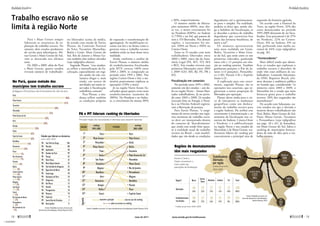 Norte e Centro-
Oeste concentram a
maior parte das
operações de fiscalização
Regiões de desmatamento
têm mais resgatados
Trabalhadores
libertados
por região
(média anual entre
2003-2009)
Norte
1.595
37%
Nordeste
940
22%
Sudeste
430
10%
Sul
153
4%
Norte
1.595
37%
Nordeste
940
22%
Sudeste
430
10%
Sul
153
4%
Fonte: Trabalho escravo: 25
anos de denúncia e fiscalização,
Xavier Plassat, 2010
Operações
Estabelecimentos
fiscalizados
Norte
46
36%
98
40%
Nordeste
27
21%
38
16%
Centro-
Oeste
29
22%
57
23%
Sudeste
15
11%
15
13%
Sul
12
10%
19
8%
Total
130
100%
245
100%
Região*
*média anual entre 2003-2009
Centro-Oeste
1.222
28%
Centro-Oeste
1.222
28%
Pará e Mato Grosso sempre
lideraram as estatísticas de ex-
ploração do trabalho escravo. No
entanto, dois estados produtores
de carvão para siderúrgicas, Mi-
nas Gerais e Mato Grosso do Sul,
vêm se destacado nos últimos
anos.
De 2003 a 2009, além do Pará
e Mato Grosso, quatro estados
tiveram número de trabalhado-
res libertados acima da média,
de acordo com estudo de Xavier
Plassat, da Comissão Pastoral
da Terra: Tocantins, Maranhão,
Bahia e Goiás. Mato Grosso do
Sul, Rio de Janeiro e Minas Ge-
rais também têm índices elevados
(veja infográfico abaixo).
Segundo Plassat, "essa mudan-
ça reflete a intensificação da fis-
calização, especialmente em regi-
ões aonde ela não cos-
tumava chegar e, mais
ainda, em setores de
atividades até então re-
servados à fiscalização
trabalhista comum".
Para Plassat, a mu-
dança reflete também
as condições próprias
de expansão e transformação do
agronegócio. As modificações re-
centes nas leis e na forma como o
governo trata o trabalho escravo
também estão na base dessa nova
realidade.
Ainda conforme a análise de
Xavier Plassat, o número médio
de estabelecimentos fiscalizados
pelo MTE cresceu 140% entre
2003 e 2009, se comparado ao
período entre 1995 e 2002. Nas
regiões Centro-Oeste e Sul, o mi-
nistério praticamente triplicou as
operações (170% a mais).
Já na região Norte foram fis-
calizados quase quatro vezes mais
estabelecimentos (aumento de
280%). No Nordeste e no Sudes-
te, o crescimento foi menor, 80%
Trabalho escravo não se
limita à região Norte
e 20%, respectivamente.
O número médio de liberta-
ções aumentou 490%, mas, des-
sa vez, o maior crescimento foi
no Nordeste (830%), no Sudeste
(1.770%) e no Sul, que passou de
zero a 153 libertados. Nas demais
regiões, o incremento foi me-
nor: 320% no Norte e 450% no
­Centro-Oeste.
Entre os 15 estados com mais
trabalhadores libertados entre
2003 e 2009, cinco são da Ama-
zônia Legal (PA, MT, TO, MA
e RO). Seis estados tiveram suas
primeiras libertações entre 2003
e 2009 (GO, MS, RJ, PE, PR e
ES).
Fiscalização em canaviais
No período entre 1995 e 2002,
somente em dez estados – seis de-
les na região Norte – foram liber-
tados trabalhadores. Já no perío-
do entre 2003 e 2009, 24 estados
(exceção feita ao Amapá, à Paraí-
ba e ao Distrito Federal) registra-
ram a libertação de pessoas.
Para Xavier Plassat, “o surgi-
mento de novos estados nos regis-
tros nacionais de trabalho escra-
vo deve ser interpretado dentro
do contexto de ‘descobrimento’
que ainda está sendo feito quan-
to à realidade atual do trabalho
escravo no Brasil – com modali-
dades que vão desde as condições
degradantes até o aprisionamen-
to puro e simples. Na realidade,
poderia se dizer que, aonde che-
ga o holofote da fiscalização, aí
se descobre a prática do trabalho
degradante que caracteriza boa
parte das lavouras brasileiras, de
norte a sul”.
Os números apresentaram
uma nova realidade em Goiás,
Bahia, Tocantins e Mato Gros-
so do Sul, que estão entre os seis
primeiros colocados, ganhando
entre três e 12 posições em rela-
ção ao ranking anterior. Também
ganharam posições o Rio de Ja-
neiro (+13 posições), Pernambu-
co (+10), Paraná (+8) e Espírito
Santo (+2).
A explicação para esse cresci-
mento, segundo Plassat, são as
operações nos canaviais, que re-
gistraram a maior proporção de
libertados por operação.
Plassat alerta ainda para o ris-
co de interpretar as mudanças
geográficas como um desloca-
mento do trabalho escravo para
a região Sudeste. Ele atribui esse
crescimento à sistematização e ao
aumento da fiscalização nos ca-
naviais do Sudeste, Centro-Oeste
e Nordeste e à subfiscalização
na região Norte e nos estados do
Maranhão e de Mato Grosso, tra-
dicionais líderes do ranking por
concentrarem a principal área de
expansão da fronteira agrícola.
De acordo com a Pastoral da
Terra, na região Norte, 52% dos
casos denunciados no período
1995-2009 deixaram de ser fisca-
lizados. Esse percentual é de 37%
no Nordeste, 22% no Centro-
Oeste, 8% no Sudeste, 0% no
Sul, perfazendo uma média na-
cional de 44% (veja infográficos
na pág. 16).
“Fornecedores”
Mais difícil ainda que identi-
ficar os estados que exploram o
trabalho escravo é descobrir de
onde vêm esses milhares de tra-
balhadores. Leonardo Sakamoto,
da ONG Repórter Brasil, afir-
mou durante a audiência pública
no Senado que, considerando “os
números entre 2003 e 2009, o
Maranhão foi o estado que mais
forneceu gente para o trabalho
escravo: 28% dos resgatados são
maranhenses”.
De acordo com Sakamoto, ou-
tros estados em que é aliciada a
maioria desses trabalhadores são
Pará, Bahia, Mato Grosso do Sul,
Piauí, Minas Gerais, Tocantins
e Pernambuco (veja infográficos
nas págs. 18 e 24). Já Amambai,
em Mato Grosso do Sul, lidera o
ranking de municípios fornece-
dores de mão de obra para o tra-
balho ­escravo.
Já Alagoas e Pernambuco são fornecedores de mão de obra
No Pará, quase metade dos
municípios tem trabalho escravo
Fonte: Trabalho escravo: 25 anos de
denúncia e fiscalização, Xavier Plassat, 2010
Cidades que lideram as den ncias
(entre 2003-2009)
ú
São Félix do Xingu
Marabá
Açailândia
Rondon do Pará
Pacajá
Dom Eliseu
Novo Repartimento
São Geraldo do Araguaia
Água Azul do Norte
Itupiranga
Goian sia do Pará
Araguaína
Rio Maria
Ananás
Paragominas
Mineiros
Sapucaia
Santa Rita do Trivelato
Bom Jardim
é
106
88
58
49
42
41
34
32
28
30
18
16
15
18
18
10
9
7
11
PA
PA
MA
PA
PA
PA
PA
PA
PA
PA
PA
TO
PA
TO
PA
GO
PA
MT
MA
Pará
Mato Grosso
Tocantins
Maranhão
Mato Grosso do Sul
Acre
Amapá
Goiás
Espírito Santo
Rondônia
Amazonas
Piauí
Rio de Janeiro
Paraná
Bahia
Santa Catarina
Minas Gerais
Alagoas
São Paulo
Ceará
Rio Grande do Norte
Pernambuco
Rio Grande do Sul
48%
47%
38%
33%
29%
28%
20%
16%
16%
13%
10%
7%
7%
6%
4%
4%
4%
3%
3%
2%
2%
2%
1%
PA e MT lideram ranking de libertados
Principal missão dos escravizados é desmatar para expandir fazendas
legenda
subiu ou entrou noranking
caiu ou saiu dorankingmanteve a posição
ranking
2003-2009
ranking
1995-2002
evoluçãoposição
Pará
Mato Grosso
Maranhão
Minas Gerais
Piauí
Goiás
São Paulo
Tocantins
Alagoas
Rondônia
Acre
Amazonas
Amapá
Bahia
Ceará
1º
2
3
4
5
6
7
8
9
10
11
12
13
14
15
º
º
º
º
º
º
º
º
º
º
º
º
º
º
-----------
------
-------
-----
----------
----------
-------
-------
---------
--------
-----------
-------
---------
----------
----------
Pará
Mato Grosso
Goiás
Bahia
Tocantins
Mato Grosso do Sul
Maranhão
Minas Gerais
Rio de Janeiro
Pernambuco
Alagoas
Rondônia
Paraná
Piauí
Espírito Santo
Fonte: Trabalho escravo: 25 anos de denúncia e fiscalização, Xavier Plassat, 2010
18 
Realidade brasileira
maio de 2011 www.senado.gov.br/emdiscussao 
19
Realidade brasileira
« SUMÁRIO
 