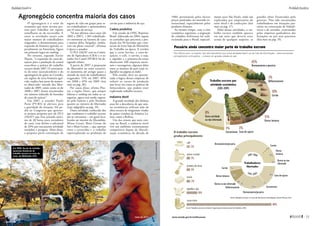 Agronegócio concentra maioria dos casos
O agronegócio é o setor da
economia que mais recruta pes-
soas para trabalhar em regime
semelhante ao da escravidão. E
entre as atividades rurais com
maior número de trabalhadores
resgatados, o desmatamento para
expansão da fronteira agrícola, es-
pecialmente na Amazônia, figura
em primeiro lugar no ranking.
No entanto, segundo Xavier
Plassat, “a expansão da cana-de-
açúcar para a produção de etanol
exacerbou a prática do trabalho
escravo desde 2007. O crescimen-
to do setor sucroalcooleiro e do
agronegócio de grãos no Cerrado,
em regiões de nova fronteira agrí-
cola, explica boa parte do aumen-
to observado: metade dos liber-
tados de 2009, assim como os de
2008 e 2007, foram encontrados
em número reduzido de fazendas
de cana-de-açúcar”.
Em 2007, o senador Paulo
Paim (PT-RS) já alertava para
a gravidade da situação. Ele pe-
diu ao Congresso que aprovas-
se projeto proposto por ele (PLS
226/07) que fixa jornada máxi-
ma de 40 horas para cortadores
de cana, com direito a adicional
de 20% por executarem atividade
insalubre e perigosa. Além disso,
a proposta prevê contratação de
seguro de vida em grupo para es-
ses trabalhadores e aposentadoria
aos 25 anos de serviço.
“Só nos últimos cinco anos (de
2002 a 2007), 1.383 trabalhado-
res morreram na lavoura de cana
e muitos deles, fatigados, tomba-
ram em pleno canavial”, afirmou
à época o senador.
O PLS 226/07 está na Comis-
são de Agricultura (CRA) e o se-
nador Ivo Cassol (PP-RO) foi de-
signado relator.
A partir de 2007, a proporção
de libertados no setor canaviei-
ro aumentou até atingir quase a
metade do total de trabalhadores
resgatados: 51% em 2007, 49%
em 2008 e 45% em 2009 (leia
mais na pág. 36).
Por causa disso, afirma Plas-
sat, a região Norte, que sempre
liderou o ranking em todas as ca-
tegorias, agora está sendo supera-
da pelo Sudeste e pelo Nordeste
quanto ao número de libertados
(veja infográfico na pág. 19).
Outra atividade conhecida dos
que combatem o trabalho escravo
são as carvoarias – em geral loca-
lizadas no interior do Maranhão,
Minas Gerais, Mato Grosso do
Sul e Mato Grosso –, que operam
entre a escravidão e o trabalho
superexplorado na produção de
carvão para a indústria do aço.
Cadeia produtiva
Um estudo da ONG Repórter
Brasil, elaborado em 2004, seguiu
os caminhos que percorria a pro-
dução das 96 fazendas que cons-
tavam da Lista Suja do Ministério
do Trabalho na época. E revelou
que a carne bovina, a cana-de-
açúcar, o café, o carvão, a soja,
o algodão e a pimenta-do-reino
abasteciam 200 empresas nacio-
nais e estrangeiras, algumas delas
entre as maiores do país (veja in-
fográfico na página ao lado).
Pelo estudo, deve ser questio-
nada a lógica dessas empresas de
reduzir os custos de produção
sem levar em conta as práticas de
fornecedores, que podem estar
explorando trabalho escravo.
Indústria têxtil
A grande novidade dos últimos
anos foi a descoberta de que seto-
res econômicos utilizam mão de
obra escrava de imigrantes vindos
de países vizinhos da América La-
tina, como a Bolívia.
Um dos setores que mais cres-
cem no Brasil, a indústria têxtil
vive um ambiente extremamente
competitivo depois da liberali-
zação econômica da década de
1980, pressionada pelos baixos
preços praticados no mercado in-
ternacional, especialmente pelos
produtos chineses.
Ao mesmo tempo, com a crise
econômica argentina, a migração
de cidadãos bolivianos foi redi-
recionada para o Brasil, especial-
mente para São Paulo, onde são
explorados por empresários do
setor têxtil e de confecções (leia
mais na pág. 17).
Além dessas atividades, o tra-
balho escravo também aparece
em um setor que deveria estar
acima de qualquer suspeita: as
grandes obras financiadas pelo
governo. Têm sido encontrados
trabalhadores em situações pre-
cárias na construção de hidrelé-
tricas e de estradas, contratados
pelas empresas ganhadoras das
licitações ou por seus parceiros
(leia mais na pág. 19).
Em 2006, fiscais do trabalho
apuraram denúncias de
trabalho escravo no corte da
cana, em Rubiataba (GO)
Nos últimos anos, no entanto, tem sido descoberto que outras atividades fazem uso de mão de obra forçada – antes encontrada
principalmente na Amazônia –, inclusive em grandes cidades do país
Pecuária ainda concentra maior parte do trabalho escravo
65%
Desmatamento e pecuária
Trabalho escravo por
atividade econômica
(2003-2009)
2%
Reflorestamento
10%
Carvão
11%
Outras lavouras
3%
Cana-de-açúcar
1%
Extrativismo
8%
Outra atividade
ou não informado
algodão e soja
10%
outros
3%
O trabalho escravo
produz principalmente
Fonte: Trabalho escravo no Brasil, Organização Internacional do Trabalho, 2005
Fonte: Trabalho escravo: 25 anos de denúncia e fiscalização, Xavier Plassat, 2010
Trabalhadores
libertados
Desmatamento/pecuária
Reflorestamento
Carvão
Outras lavouras Cana-de-aç carú
Extrativismo
Outros ou não informado
35%
2%
7%
30%
1%8%
Desmatamento/pecuária
Carvão
Outras
lavouras
Outros ou não
informado
17%
75%
20%
2%
3%
carne e leite
80%
Fonte: Trabalho escravo no Brasil, Organização Internacional do Trabalho, 2005
café
3%
açúcar e etanol
3%
pimenta-do-reino
3%
Valter Campanato/ABr
Realidade brasileira
www.senado.gov.br/emdiscussao
Realidade brasileira

2322 
maio de 2011
« SUMÁRIO
 