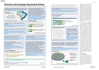 do pelo Plano Nacional e pela
Estratégia Nacional de Defesa,
aprovados em 2008 (veja o in-
fográfico ao lado). O plano é fo-
cado em ações estratégicas de
médio e longo prazo e objetiva
modernizar a estrutura nacional
de defesa, atuando em três eixos
estruturantes: reorganização das
Forças Armadas, reestruturação
da indústria brasileira de mate-
rial de defesa e política de com-
posição dos efetivos das Forças
Armadas. O país precisa, para se
proteger, de mais aviões, tanques,
submarinos, satélites, mísseis... E
tudo isso tem um preço, bastante
alto, aliás.
“Sei do grau de dificulda-
de que as Forças Armadas têm
para se modernizar e o alto valor
que será empregado nisso. Acho
também que não há nenhum
brasileiro que se oponha a isso,
porque ninguém quer guerra,
mas, se queremos a paz, temos
de estar preparados para a guer-
ra. Isso já é milenar. Os chineses
já nos ensinaram lá atrás”, argu-
mentou Blairo Maggi (PR-MT).
O problema é que, na ainda
jovem democracia brasileira, até
muito recentemente se falar em
gastos militares era quase here-
sia. Também por isso, nas dé-
cadas recentes, faltou dinheiro
para reequipar a defesa nacional,
um processo caro, demorado e
que costuma esbarrar em pres-
sões políticas as mais diversas.
O orçamento da defesa man-
tém, ao longo dos últimos anos,
um patamar em torno de 1,5%
do produto interno bruto (PIB).
Porém, três em cada quatro re-
ais a ela destinados são usados
para pagar a folha de pessoal, em
que as pensões são complicador
adicional.
Visão do passado
Ao falar em audiência no
Senado, Celso Amorim desta-
cou a sua “clara convicção” de
que a defesa tem um papel cada
vez mais relevante na agenda na-
cional. O ministro admitiu, no
entanto, que “ainda há muitos
setores de opinião pública que
ainda veem a defesa com olhos
do passado”.
8. Reposicionar os efetivos das três Forças
9. Adensar a presença de unidades do Exército, da Marinha e da
Força Aérea nas fronteiras
10. Priorizar a região amazônica
AENDreconhecequeconcentrarefetivosnoSuleSudesteé
contraproducentenumcenárioemqueaspossíveisameaçasvirãopelo
Norte,OesteepelomarNorte,Oesteepelomar
7. Unificar as operações das três Forças, muito além dos limites
impostos pelos protocolos de exercícios conjuntos
Aintegraçãodevesertotal:aForçaAéreadevelevarsoldadosdoExército,
pousarnosporta-aviõesdaMarinhaeassimpordiante
2. Organizar as Forças Armadas sob a égide do trinômio
monitoramento/controle, mobilidade e presença
3. Desenvolver as capacidades de monitorar e controlar o
espaço aéreo, o território e as águas jurisdicionais brasileiras
4. Desenvolver, lastreado na capacidade de monitorar/
controlar, a capacidade de responder prontamente a qualquer
ameaça ou agressão: a mobilidade estratégica
Oobjetivoéreaparelharereorganizarasforçasdeformaque
hajabasesemtodosospontos-chaveparaadefesa,sejapossível
detectardeimediatoqualquerproblemae,empoucashoras,
chegaraolocalcomnúmerosuficientedesoldados
Diretrizes da Estratégia Nacional de Defesa
1. Dissuadir a concentração de forças hostis nas fronteiras terrestres, nos limites
das águas jurisdicionais brasileiras e impedir-lhes o uso do espaço aéreo nacional
Aideiaéterumpoderiomilitartalquedesencorajequalqueravanço
5. Aprofundar o vínculo entre os aspectos tecnológicos e os operacionais
da mobilidade
Aquiapretensãoé,aliandotecnologiaeestratégia,sercapazdeconcentrare
desconcentrarastropasrapidamente
6. Fortalecer três setores de importância estratégica: o espacial, o cibernético
e o nuclear
Odomíniodessastecnologiaséconsideradoimprescindívelparagarantira
segurançadopaís.Nosetorespacial,aprioridadeéaprenderafabricarsatélitese
seuslançadores
11. Desenvolver, para fortalecer a mobilidade, a capacidade logística,
sobretudo na região amazônica
Nãohácomodeslocarsoldadosrapidamentepelaflorestaseminfra-
estruturasuficienteeadequada,comobases,pistasdepouso,barcosetc.
12. Desenvolver, para atender aos requisitos de monitoramento/
controle, mobilidade e presença, o conceito de flexibilidade no combate
13. Desenvolver, para atender aos requisitos de monitoramento/
controle, mobilidade e presença, o repertório de práticas e de
capacitações operacionais dos combatentes
14. Promover a reunião, nos militares brasileiros, dos atributos e
predicados exigidos pelo conceito de flexibilidade
15. Rever, a partir de uma política de otimização do emprego de
recursos humanos, a composição dos efetivos das três Forças
16. Estruturar o potencial estratégico em torno de capacidades
Ternúmerosuficientedesoldadosbemtreinadoseflexíveis—eisso
implicasaberlutarnaselvaenopântano,nomarounoáridosertão
nordestinousandoamelhortecnologia
Enorme desafio
As Forças Armadas precisam proteger:
8.514.876 km² de território
4.451.766 km² de superfície marítima*
16.886 km de fronteiras terrestres
7.367 km de fronteiras marítimas
*Áreas inseridas nas 200 milhas de zona econômica exclusiva, acrescidas
do adicional até 350 milhas reivindicado pelo Brasil junto à ONU. Fontes: IBGEeMarinhadoBrasil Perigo real e imediato
Metade dos brasileiros teme ataque estrangeiro ao país
50%acreditam“totalmente”ou“muito”
que o Brasil será alvo de agressão
militar estrangeira nos próximos 20 anos em
função de interesses sobre a Amazônia
Fonte:PesquisaIpea,divulgadaem15/12/2011,queouviu
3.796pessoasnos26estadosenoDistritoFederal
45%creem que o país poderá ser atacado
por causa das riquezas do pré-sal
Fonte:FolhadeS.Paulo
Herança dos tempos imperiais
Acabar com a concentração das tropas no Sul e Sudeste, em especial no
Rio de Janeiro, é uma das prioridades das Forças Armadas
Exército
Região Sul
Rio de Janeiro
Amazônia
25%
23%
13%
32,5%
14,2%
71%
29%
Aeronáutica
Rio de Janeiro
Região Norte
Marinha
Rio de Janeiro
Resto do país
18. Estimular a integração da América do Sul
Confira no infográfico as 23 linhas básicas para a futura atuação das Forças
Armadas. Em azul, explicações adicionais para alguns dos quesitos
17. Preparar efetivos para o cumprimento de missões de garantia da lei e da ordem, nos
termos da Constituição federal
Percebe-sequeasforçasdedefesadesejamsuporteslegaleoperacionalmaisbemdefinidospara
atuarcomoagentesdesegurançapública(nessamissãonãohá"inimigosamatar")
19. Preparar as Forças Armadas para
desempenharem responsabilidades
crescentes em operações de manutenção
da paz
20. Ampliar a capacidade de atender aos
compromissos internacionais de busca e
salvamento
Osucessodasexperiênciasrecentes(Haiti,
Líbano)eaambiçãodeassumirpapel
preponderantenasrelaçõesinternacionais
explicamessasdiretrizes
21. Desenvolver o potencial de mobilização
militar e nacional para assegurar a capacidade
dissuasória e operacional das Forças Armadas
22. Capacitar a indústria nacional de material
de defesa para que conquiste autonomia em
tecnologias indispensáveis à defesa
23. Manter o serviço militar obrigatório
Voltaemeiaquestionado,oserviçodeveserrealmenteobrigatórioparaquetodosossegmentos
sociaisestejamrepresentadosnasforçasdedefesadopaís
Ambiente estratégico sul-americano
» Raízes históricas comuns
» Baixa densidade demográfica
» Solução pacífica das disputas
» Bolsões de insegurança urbana
» Abundância de recursos naturais
» Assimetrias regionais e sociais
» Alto potencial agroindustrial
» Distante dos centros de poder
Fonte:ApresentaçãodeCláudioMoreira,AssociaçãoBrasileiradas
IndústriasdeMateriaisdeDefesaeSegurança-Abimde,2011
1,7 milhão de jovens são
alistados anualmente para o
serviço militar obrigatório
Apenas 50 mil a 60 mil deles
são incorporados à tropa
200 mil pessoas integram o
Exército brasileiro
Fonte:Apresentação dogeneralLuizEduardoRochaPaiva,AcademiadeHistóriaMilitarTerrestredoBrasil,2011
Minoria da minoria
O Brasil e a América do Sul
Fonte:WorldFactbook,2012
Área
População
Reservas de água potável
Terras agriculturáveis
América do Sul
Brasil
48% (8,5 milhões de km²)
50% (191 milhões de habitantes)
48%
45%
100%
março de 2012 www.senado.gov.br/emdiscussao 
9
Contexto
8 
 