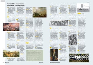 1548 – Dom João III, rei
de Portugal, resolve criar
um governo-geral com
sede na Bahia, que inclui
milícias de defesa.
1566 – Expulsos os
franceses da baía da
Guanabara.
1615 – Expulsão dos fran-
ceses de São Luís.
1648 – Batalha dos
Guararapes, em 19 de
abril, marca o início da
organização do exército
como força genuinamen-
te brasileira.
1707–1720 – Forças
militares são usadas para
reprimir movimentos
como as guerras dos
Emboabas e dos Mas-
cates e a Inconfidência
Mineira.
1762 – Marquês de
Pombal contrata oficiais
estrangeiros para reor-
ganizar e profissionalizar
o exército português,
inclusive nas colônias.
1808 – Corte portuguesa
se transfere para o Rio.
1810 – Criação da Acade-
mia Real Militar, no Rio
de Janeiro.
1811–1815 – Construção
de hospitais militares,
arsenais de guerra,
indústrias de armas e
fábricas de pólvora.
Tropas de elite começam
a admitir brasileiros.
1815 – Criado o Ministé-
rio da Guerra no Brasil.
Tropas regulares de
Portugal desembarcam
no país.
1817 – Oito mil homens e
forças navais são usadas
para reprimir a Revolu-
ção Pernambucana.
1822 – Dom Pedro I
declara a Independência
do Brasil, ao lado de
soldados da
cavalaria que
formavam
sua guarda de
honra.
1824 – De-
creto do
imperador
Dom Pedro I
determina a
organização
das forças militares
brasileiras (Exército e
Marinha).
1824 – Ajudadas por
mercenários estrangei-
ros, tropas sufocam a
Confederação do Equa-
dor (PE).
1825–1828 – Guerra da
Cisplatina, entre Brasil e
as Províncias Unidas do
Rio Prata, pela posse do
atual Uruguai.
1831 – Reorganização do
exército imperial brasi-
leiro, seguida da criação
da Guarda Nacional.
Extintos os antigos cor-
pos de milícias
e ordenan-
ças, além
das guardas
municipais.
1832–1841
– Exército
imperial repri-
me sucessivas
revoltas como
a Cabanada, a Caba-
nagem, a Sabinada, a
Balaiada, a Federação do
Guanais e a Revol-
ta dos Malês.
1835–1845 – Luis
Alves de Lima e Sil-
va (depois Duque
de Caxias) lidera as
tropas imperiais na
Revolução Far-
roupilha (RS), que
causou mais de 40
mil mortes.
1837 – Tentativa de
implantação do serviço
militar obrigatório no
Brasil, que só se con-
solidaria nas primeiras
décadas do século 20.
1842–1875 – Repressão
militar a novas revoltas
(Liberais, Praieira, Mu-
ckers e Quebra-Quilos).
1851–1852 – Guerra
contra Oribe e Rosas é
travada entre as tropas
da Argentina e uma
aliança formada pelo
Brasil, Uruguai e provín-
cias rebeldes da própria
Argentina. Envolve mais
de 100 mil soldados, nos
dois lados da disputa,
e deixa mais de 1.600
vítimas fatais.
1864 – Guerra contra
Aguirre, em represália a
invasões no sul do país
por grupos uruguaios,
envolve 6 mil homens.
1864–1870 – Invasão
de Mato Grosso pelo
exército de Solano López
deflagra a Guerra do
Paraguai, travada contra
a Tríplice Aliança (Brasil,
Argentina e Uruguai).
Maior conflito arma-
do na América do Sul,
envolve mais de 280
mil soldados, com 300
mil mortos paraguaios
(incluindo civis) e 50 mil
brasileiros. Lideranças
militares brasileiras de
destaque: Duque de
Caxias, general Osório
e almirante Tamandaré,
famoso pela Batalha do
Riachuelo.
1889 – Marechal Deodoro
da Fonseca proclama a
República e é o primeiro
presidente militar do
país, de um total de nove
(veja quadro abaixo).
1889 a 1932 – Forças
Armadas atuam na
repressão a diversas re-
beliões internas: guerras
de Canudos (1896) e do
Contestado (1912), re-
voltas da Armada (1891)
e da Chibata (1910) e
revoluções Federalista
Gaúcha (1893) e Consti-
tucionalista de São Paulo
(1932).
1906 – Estabelecido o
serviço militar obrigató-
Todos os militares presidentes
Marechal Deodoro da Fonseca (1889–1891)
Marechal Floriano Peixoto (1891–1894)
Marechal Hermes da Fonseca (1910–1914)
Marechal Gaspar Dutra (1946–1951)
Marechal Castelo Branco (1964–1967)
Marechal Costa e Silva (1967–1969)
General Garrastazu Médici (1969–1974)
General Ernesto Geisel (1974–1979)
General João Figueiredo (1979–1985)
Confira fatos marcantes na
história das Forças Armadas
REPRODUÇÃOREPRODUÇÃO
REPRODUÇÃO
REPRODUÇÃO
REPRODUÇÃO
REPRODUÇÃO
ARQUIVOPÚBLICODODF
CBJUNIOR/FAB
rio, por sorteio (que só
valeu, na prática, a partir
de 1916).
1917 – Participação militar
na 1ª Guerra Mundial:
envio de um grupo de
aviadores do Exército
e da Marinha, de um
corpo médico-militar
do Exército e de uma
divisão naval.
1919 – Nova reorganização
na estrutura do Exército
por uma missão militar
francesa, chefiada pelo
general Maurice-Gustave
Gamelin.
1922 – Revolta dos 18 do
Forte de Copacabana
(RJ) é o primero dos
quatro episódios decor-
rentes do tenentismo,
movimento político-mi-
litar e série de rebeliões
de jovens oficiais de
baixa e média patente
do Exército, que propu-
nham o fim do voto de
cabresto, o voto secreto
e a reforma na educação
pública.
1925 – Militares iniciam
a Coluna Prestes, que
marchou durante três
anos pelo interior do
Brasil enfrentando tropas
oficiais, jagunços e
cangaceiros.
1930 – Movimento arma-
do, liderado por Minas
Gerais, Paraíba e Rio
Grande do Sul, depõe o
presidente Washington
Luís e coloca no poder
Getúlio Vargas.
1932 – Revolução Cons-
titucionalista, em São
Paulo, tem 87 dias de
combates, com um saldo
oficial de 934 mortos.
1935 – Intentona Comu-
nista ocorre em locais
esparsos do país (Rio,
Recife e Natal), cau-
sando a morte de 30
militares e cerca de 1 mil
civis.
1937 – Com o apoio dos
militares, Getúlio Vargas
implanta o Estado Novo,
ditadura que persistiria
até 1945.
1938 – Levante Integra-
lista tenta a invasão
do Palácio Guanabara,
mas é sufocado. Alguns
revoltosos são sumaria-
mente fuzilados.
1941 – Decreto cria o Mi-
nistério da Aeronáutica
e funde as forças aéreas
do Exército e da Marinha
numa só corporação, a
atual Força Aérea Brasi-
leira (FAB).
1942 – Brasil declara
guerra ao Eixo (Ale-
manha, Itália e Japão)
e entra na 2ª Guerra
Mundial.
1944 – Envio ao front
italiano da Força Ex-
pedicionária Brasileira,
que envolveu 25.334
homens.
1945 – Getúlio Vargas
renuncia, em movimento
apoiado por militares
como Gaspar Dutra,
Góis Monteiro e Eduardo
Gomes.
1945 – Gaspar Dutra,
ministro da Guerra
de Getúlio, é eleito
presidente.
1949 – Escola Superior de
Guerra (ESG) é criada.
1954 – Outra vez presi-
dente, Vargas se suicida,
causando uma comoção
nacional que, segundo
historiadores, adiou um
golpe militar de direita.
1955 – Movimento
liderado pelo ministro
da Guerra, Teixeira Lott,
mobiliza as tropas e ga-
rante a posse dos eleitos
Juscelino Kubitschek e
João Goulart, presidente
e vice.
1956 – Oficiais da Aero-
náutica insatisfeitos se
rebelam e se instalam
em Jacareacanga (PA).
Rebelião dura 19 dias.
1957–1967 – Primeira
experiência das Forças
Armadas em missão de
paz da ONU. Batalhão
de Infantaria de aproxi-
madamente 600 homens
é enviado ao Egito.
1959 – Nova revolta mili-
tar, agora em Aragarças
(GO).
1960 – Começa a se
formar a Doutrina de
Segurança Nacional. As
Forças Armadas vivem
um período de intensa
ideologização, divididas
entre militares de esquer-
da e anticomunistas.
1964–1985 – Golpe
militar derruba João
Goulart e fecha partidos,
sindicatos e organizações
estudantis. Opositores
são cassados ou aposen-
tados compulsoriamente.
Há censura à imprensa
e a tortura de presos se
torna comum. Forças
Armadas reprimem
movimentos de guerrilha
urbana e rural (número
oficial de mortes: 384).
Três dos cinco presiden-
tes do ciclo militar eram
tenentes na Revolução
de 1930: Castelo Branco,
Garrrastazu Médici e
Ernesto Geisel.
1965 – Exército participa
da Invasão da República
Dominicana pelos EUA.
1985 – General João
Batista de Figueiredo
é substituído na presi-
dência por José Sarney,
encerrando o regime
militar.
1980 – É permitido o
ingresso de mulheres na
Marinha, em funções
administrativas.
1988 – Com a promul-
gação da Constituição,
Forças Armadas se afas-
taram do núcleo político
brasileiro, voltando-se
para suas missões
constitucionais.
2006 – Formada a primei-
ra turma de mulheres
pilotos de aviação da
FAB.
30 
março de 2012 www.senado.gov.br/emdiscussao
Contexto
 