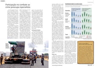 Participação no combate ao
crime preocupa especialistas
segurança pública são as polí-
cias; não são as Forças Arma-
das”, criticou o consultor.
Joanisval destacou que o em-
prego das Forças Armadas nes-
sas situações pode causar danos
à autoestima dos militares, que
passam a ser coadjuvantes das
forças policiais quando, consti-
tucionalmente, as polícias é que
são consideradas forças auxilia-
res de reserva do Exército.
Já o general Rocha Paiva, em
sua exposição aos senadores, se
disse favorável ao emprego das
Forças em segurança pública,
desde que imprescindível e por
pouco tempo.
No entanto, ele se preocupa
com os demais usos das Forças
Armadas. “Há o momento ne-
cessário. Naquele momento de
2010, quando elas entraram no
Morro do Alemão, o Estado ti-
nha perdido o controle da situ-
ação. Mas ficar lá mais de um
ano, não. Isso não é admissível.
Exército, Marinha, Aeronáutica
não são agências multitarefas. E
aí o que começa a acontecer? Na
segurança pública, estradas e ae-
roportos, no desvio das águas do
São Francisco, na distribuição
de água no Nordeste, elas po-
dem estar em muitas dessas ati-
vidades, mas isso virou uma ob-
sessão nacional”, afirma Rocha
Paiva.
Em 2010, o pesquisador Os-
car Medeiros Filho, em sua tese
de doutorado para a Universi-
dade de São Paulo, fez pesqui-
sa com estudantes de três das
mais famosas escolas militares
do país. A grande maioria deles,
84,6%, concorda que a atuação
das Forças Armadas no comba-
te ao crime tende a aumentar e
64% entendem que essa atuação
é viável (veja o infográfico nesta
página).
Obras civis
Outro uso frequente que
o Brasil tem feito das Forças
Armadas são as obras sociais e
de construção civil. Distribuição
de alimentos e remédios em re-
giões castigadas por inundações
ou seca, atendimento médico e
odontológico e vacinação de po-
pulações pobres e isoladas, em
especial na Amazônia, e outras
ações de socorro têm há déca-
das ocupado parte dos efetivos
militares. As tropas têm tradi-
cionalmente suprido essa lacuna,
ainda que tais tarefas estejam,
pelo menos em tese, a cargo da
Defesa Civil, que só muito re-
centemente vem merecendo
maior atenção, especialmente
depois da tragédia ocorrida na
Região Serrana do Rio de Janei-
ro, no ano passado.
Isso se estende também a
obras civis. O Departamento
de Engenharia e Construção do
Exército, pensado exclusivamen-
te para construir e manter as
instalações destinadas às ativida-
des de defesa, muitas vezes tem
sido usado para executar obras
públicas, como parte da trans-
posição do rio São Francisco ou
a duplicação da BR-101.
Uma das questões mais can-
dentes envolvendo o empre-
go das Forças Armadas é sua
crescente atuação na segurança
pública. A Estratégia Nacional
de Defesa reconhece os de-
veres previstos no artigo 142
da Constituição federal, mas
ressalva que “a legitimação de
tais responsabilidades pressu-
põe, entretanto, legislação que
ordene e respalde as condições
específicas e os procedimentos
federativos que deem ensejo a
tais operações, com resguardo
de seus integrantes”.
A preocupação das Forças
Armadas com os limites de
sua atuação e responsabilidade
e com a legitimação das suas
ações nas questões internas
data do Império, afirma Joa-
nisval Brito, consultor do Se-
nado ouvido pela Comissão de
Relações Exteriores. Já naquela
época, o Clube Militar pediu
à então regente, a princesa Isa-
bel, que poupasse os militares
de sair à caça de escravos fu-
gitivos (veja texto na página ao
lado). E ainda hoje essa ques-
tão resta mal resolvida.
O principal argumento dos
que criticam o emprego das
Forças Armadas na segurança
pública é de que essa tarefa exi-
ge atitude e doutrina totalmen-
te diferentes do que é ensinado
nos quartéis. O soldado é trei-
nado para reconhecer o inimi-
go e combatê-lo. O seu suces-
so é medido pelo número de
inimigos eliminados ou postos
fora de combate. No entanto,
no caso do combate ao crime
comum, o soldado enfrenta um
concidadão, um brasileiro que
deve ter seus direitos civis e sua
integridade física respeitados e
garantidos até o limite do pos-
sível, independentemente do
crime que ele tenha cometido.
Em 2010, Tarso Genro, en-
tão ministro da Justiça, a pro-
pósito da política mexicana de
combate ao tráfico de drogas,
afirmou que “a experiência de
substituição da polícia pelas
Forças Armadas no enfrenta-
mento do crime organizado,
como está acontecendo no
México, é totalmente desastro-
sa. Desastrosa para o Exército,
para a segurança pública e para
a população. Não há exemplo
onde isso tenha acontecido
com sucesso a não ser, obvia-
mente, em ocupações de cida-
des em época de guerra”.
Ainda assim, a partir do go-
verno Luiz Inácio Lula da Sil-
va, foram criadas as brigadas
Garantia da Lei e da Ordem,
em Campinas, no estado se
São Paulo, e Operações Espe-
ciais, em Goiânia, para garan-
tir deslocamento mais rápido
das tropas do Exército e aten-
der às crises da segurança pú-
blica do país.
Pacificação de favelas
Para Joanisval Brito, situa-
ções como a participação das
Forças Armadas na pacificação
de favelas no Rio de Janeiro e
em crises como a recente gre-
ve de policiais na Bahia, ainda
que em conjunto com a Força
de Segurança Nacional, são
exemplos de um caminho pe-
rigoso e até inconstitucional.
“Quem lida com segurança
pública, quem está preparado
para lidar com segurança pú-
blica e quem deve lidar com
Envolvimento tende a ser cada vez maior
Pesquisa entre oficiais e cadetes do Exército mostra que maioria acha viável
participação em operações de segurança pública
Eceme
Escola de Comando
e Estado-Maior
do Exército
O envolvimento das Forças Armadas
no combate à criminalidade tende a
ser cada vez maior?
É viável o envolvimento das Forças
Armadas em operações de
segurança pública?
EsAO
Escola de
Aperfeiçoamento
de Oficiais
EsPCEx
Escola Preparatória de
Cadetes do Exército
Total
Legenda
Questões
Fonte:Entre a Cooperação e a Dissuasão: políticas de defesa e percepções militares na
América do Sul,OscarMedeirosFilho,2010
*Valoresaproximados
Concorda
Concorda parcialmente
Discorda parcialmente
Discorda
Não respondeu
Sem informação
48,3%*
36,1%
55,4%
46,6%
20,8%
12,2%
36%
23,5%
41,7%
40,6%
31,7%
38%
47,5%
36,1%
36,6%
40,8%
7,5%
13,9%
10,2%
10,5%
21,7%
27,2%
10,1%
20%
1,7%
9,4%
2,2%
4,4%
8,3%
23,3%
12,4%
14,9%
0,8%
0%
0,5%
0,5%
1,7%
0,6%
5%
0,8%
Petição do Clube Militar à
princesa Isabel, então regente, 1887
“Senhora, os oﬁciais membros do Clube
Militar pedem à Vossa Alteza Imperial
vênia para dirigir ao governo imperial
um pedido que é antes uma súplica. Eles
todos... esperam que o Governo Imperial não
consinta que, nos destacamentos do Exército
que seguem para o interior... os soldados
sejam encarregados da captura dos pobres
negros que fogem à escravidão... Por isso,
os membros do Clube Militar, em nome dos
mais santos princípios de humanidade, em
nome da solidariedade humana, em nome da
civilização, em nome da caridade cristã...
em nome do vosso futuro e do futuro do vosso
ﬁlho, esperam que o governo imperial não
consinta que os oﬁciais e praças do Exército
sejam desviados da sua nobre missão.”
Exército
trabalha na
duplicação
da BR-101,
no Nordeste:
engajamento
em obras civis
ÉLIOSALES/MINISTÉRIODADEFESA
www.senado.gov.br/emdiscussao 
57
Realidade Brasileira
56
 