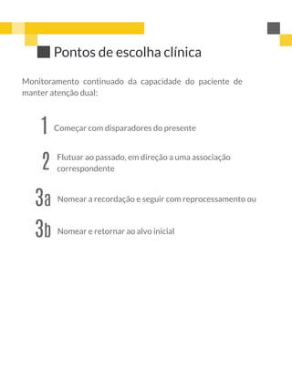 Monitoramento continuado da capacidade do paciente de
manter atenção dual:
Pontos de escolha clínica
1 Começar com disparadores do presente
2 Flutuar ao passado, em direção a uma associação
correspondente
3a Nomear a recordação e seguir com reprocessamento ou
3b Nomear e retornar ao alvo inicial
 