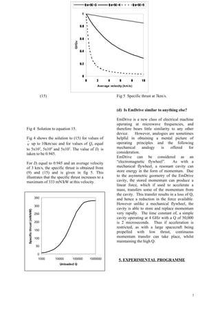 Q u=5E +3          Q u=5E +4           Q u=5E +5


                                                           1



                                                          0.8



                                                          0.6




                                                  Ql/Qu
                                                          0.4



                                                          0.2



                                                           0
                                                                0           2      4       6       8          10
                                                                            Average velocity (km /s)


                                 (15)                                                    Fig 5 Specific thrust at 3km/s.


                                                                                         (d) Is EmDrive similar to anything else?

                                                                                         EmDrive is a new class of electrical machine
                                                                                         operating at microwave frequencies, and
Fig 4 Solution to equation 15.                                                           therefore bears little similarity to any other
                                                                                         device.     However, analogies are sometimes
Fig 4 shows the solution to (15) for values of                                           helpful in obtaining a mental picture of
v up to 10km/sec and for values of Qu equal                                              operating principles and the following
to 5x103, 5x104 and 5x105. The value of Df is                                            mechanical      analogy     is    offered     for
taken to be 0.945.                                                                       consideration.
                                                                                         EmDrive can be considered as an
For Df equal to 0.945 and an average velocity                                            “electromagnetic flywheel”.         As with a
of 3 km/s, the specific thrust is obtained from                                          mechanical flywheel, a resonant cavity can
(9) and (15) and is given in fig 5. This                                                 store energy in the form of momentum. Due
illustrates that the specific thrust increases to a                                      to the asymmetric geometry of the EmDrive
maximum of 333 mN/kW at this velocity.                                                   cavity, the stored momentum can produce a
                                                                                         linear force, which if used to accelerate a
                                                                                         mass, transfers some of the momentum from
                                                                                         the cavity. This transfer results in a loss of Q,
                           350                                                           and hence a reduction in the force available.
                                                                                         However unlike a mechanical flywheel, the
                           300
                                                                                         cavity is able to store and replace momentum
 Specific thrust (mN/kW)




                           250                                                           very rapidly. The time constant of, a simple
                                                                                         cavity operating at 4 GHz with a Q of 50,000
                           200                                                           is 2 microseconds. Thus if acceleration is
                                                                                         restricted, as with a large spacecraft being
                           150
                                                                                         propelled with low thrust, continuous
                           100
                                                                                         momentum transfer can take place, whilst
                                                                                         maintaining the high Q.
                           50

                            0
                            1000        10000    100000             1000000               5. EXPERIMENTAL PROGRAMME
                                          Unloaded Q




                                                                                                                                         7
 