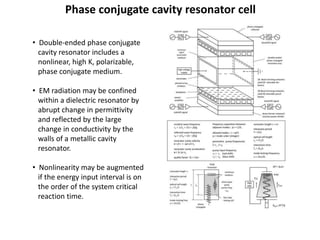 Phase conjugate cavity resonator cell
• Double-ended phase conjugate
cavity resonator includes a
nonlinear, high K, polarizable,
phase conjugate medium.
• EM radiation may be confined
within a dielectric resonator by
abrupt change in permittivity
and reflected by the large
change in conductivity by the
walls of a metallic cavity
resonator.
• Nonlinearity may be augmented
if the energy input interval is on
the order of the system critical
reaction time.
 