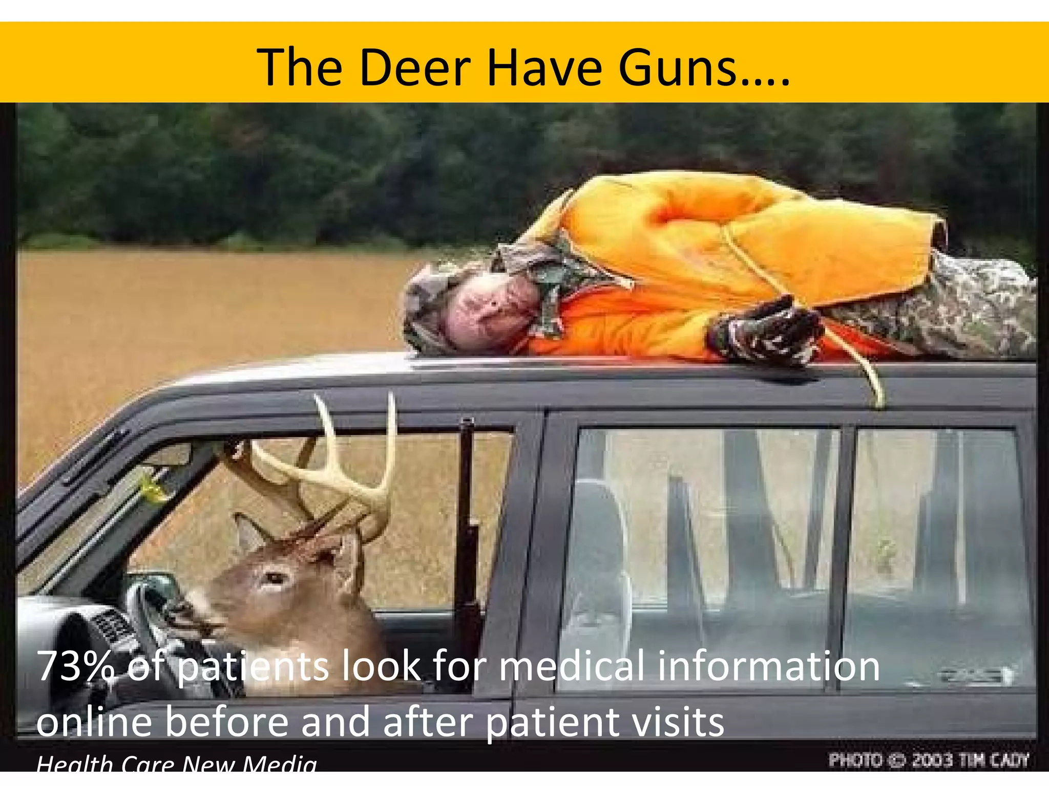 The Deer Have Guns…. 73% of patients look for medical information online before and after patient visits Health Care New Media 