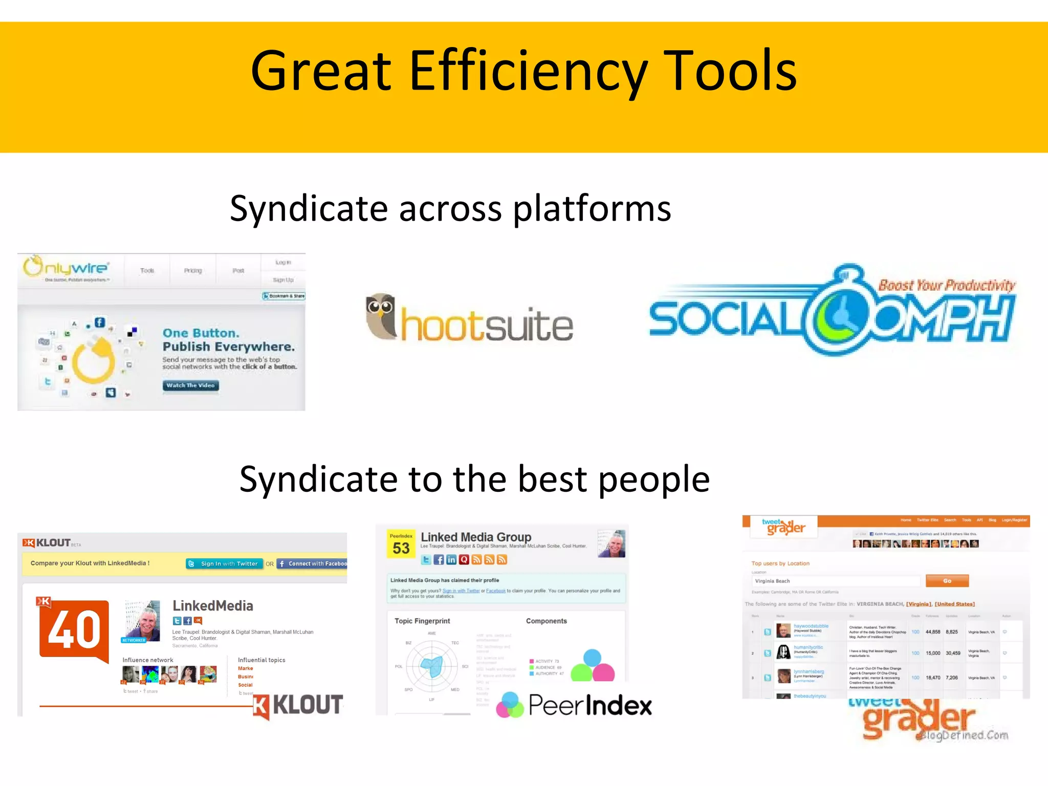Great Efficiency Tools Syndicate across platforms Syndicate to the best people 