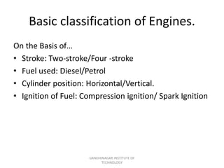Basic classification of Engines.
On the Basis of…
• Stroke: Two-stroke/Four -stroke
• Fuel used: Diesel/Petrol
• Cylinder position: Horizontal/Vertical.
• Ignition of Fuel: Compression ignition/ Spark Ignition
GANDHINAGAR INSTITUTE OF
TECHNOLOGY
 