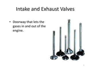 9
Intake and Exhaust Valves
• Doorway that lets the
gases in and out of the
engine.
 