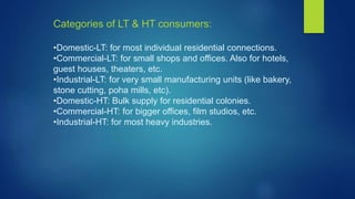 Categories of LT & HT consumers:
•Domestic-LT: for most individual residential connections.
•Commercial-LT: for small shops and offices. Also for hotels,
guest houses, theaters, etc.
•Industrial-LT: for very small manufacturing units (like bakery,
stone cutting, poha mills, etc).
•Domestic-HT: Bulk supply for residential colonies.
•Commercial-HT: for bigger offices, film studios, etc.
•Industrial-HT: for most heavy industries.
 