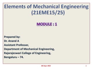 Prepared by:
Dr. Anand A
Assistant Professor,
Department of Mechanical Engineering,
Rajarajeswari College of Engineering,
Bengaluru – 74.
1
ME Dept. RRCE
 