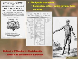 - Divulgação das ideias:
                           * banquetes, salões, cafés, jornais, livros
                             e cartas.




- Diderot e D´Alembert = Enciclopédia
    * síntese do pensamento iluminista
                                                             Prof. Caco Cardozo
 