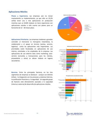 Aplicaciones Móviles
                  Planes y Experiencia. Las empresas aún no inician
                  masivamente su implementación, ya que sólo un 22,2%
                  señala tener una o más aplicaciones en producción
                  mientras que un 64,8% todavía no tiene experiencia con
                  aplicaciones móviles o sólo cuenta con planes para un
                  horizonte de 12 - 18 meses plazo.




                  Aplicaciones Prioritarias. Las empresas medianas y grandes
                  coinciden al mencionar la mensajería instantánea, la
                  colaboración y el apoyo en terreno (ventas, servicio,
                  logística) como las aplicaciones más importantes. Las
                  prioridades están focalizadas en aplicaciones de uso
                  interno, orientadas a los empleados de la empresa. Las
                  aplicaciones de uso externo tales como marketing, auto-
                  servicio (consultas y transacciones para los clientes,
                  proveedores y otros) se ubican todavía en lugares
                  secundarios.




                  Barreras. Entre las principales barreras, en los tres
                  segmentos de empresas se destacan - aunque con distinto
                  énfasis - la integración con los procesos y sistemas internos,
                  la justificación financiera y la seguridad. Un segundo grupo
                  de factores está directamente asociado a la capacidad
                  (interna o externa) de desarrollo de aplicaciones móviles.




EmE 2012 Estudio de la Movilidad en las Empresas       11
 
