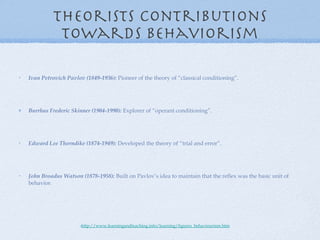 Theorists contributions towards behaviorism Ivan Petrovich Pavlov (1849-1936):  Pioneer of the theory of “classical conditioning”. Burrhus Frederic Skinner (1904-1990):  Explorer of “operant conditioning”. Edward Lee Thorndike (1874-1949):  Developed the theory of “trial and error”. John Broadus Watson (1878-1958):  Built on Pavlov’s idea to maintain that the reflex was the basic unit of behavior.  - http://www.learningandteaching.info/learning/figures_behaviourism.htm 