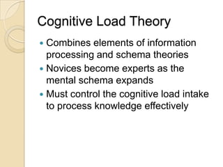 Cognitive Load Theory<br />Combines elements of information processing and schema theories<br />Novices become experts as ...
